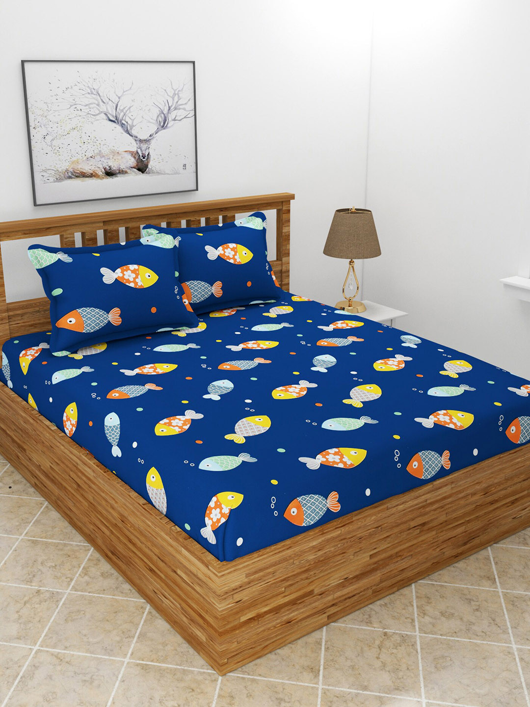 BREVARD Florentine Blue Conversational Polycotton 210 TC Queen Fine Bedsheet with 2 Pillow Covers-254 x 228 cm