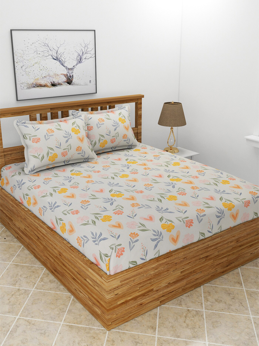BREVARD Flat_Maple Off White Floral Polycotton 210 TC Queen Fine Bedsheet with 2 Pillow Covers-90 x 100 inches
