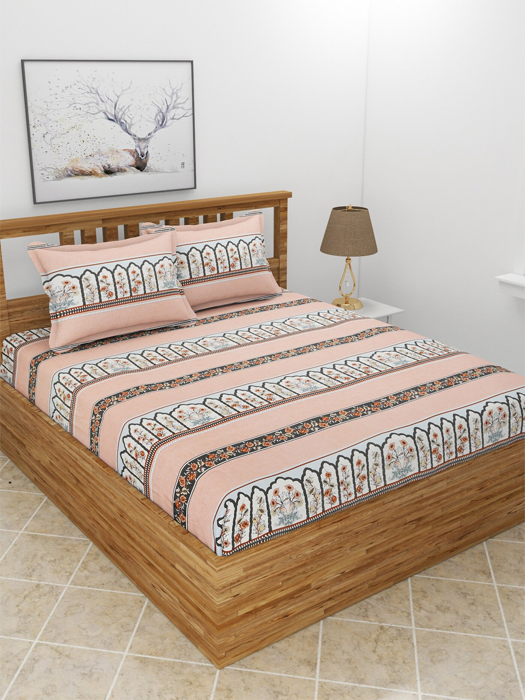BREVARD Coral Ethnic Motifs Polycotton 210 TC King Fine Bedsheet with 2 Pillow Covers-108 x 108 inches