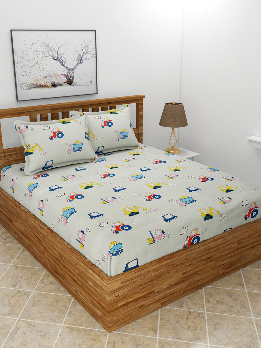 BREVARD Kidzania Off White Conversational Polycotton 210 TC Queen Fine Bedsheet with 2 Pillow Covers-100 x 90 inches