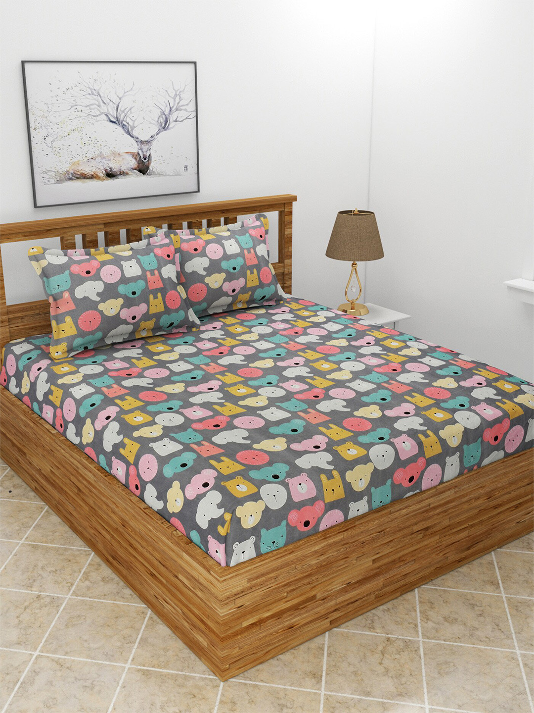 BREVARD Kidzania Grey Conversational Polycotton 210 TC Queen Fine Bedsheet with 2 Pillow Covers-100 x 90 inches