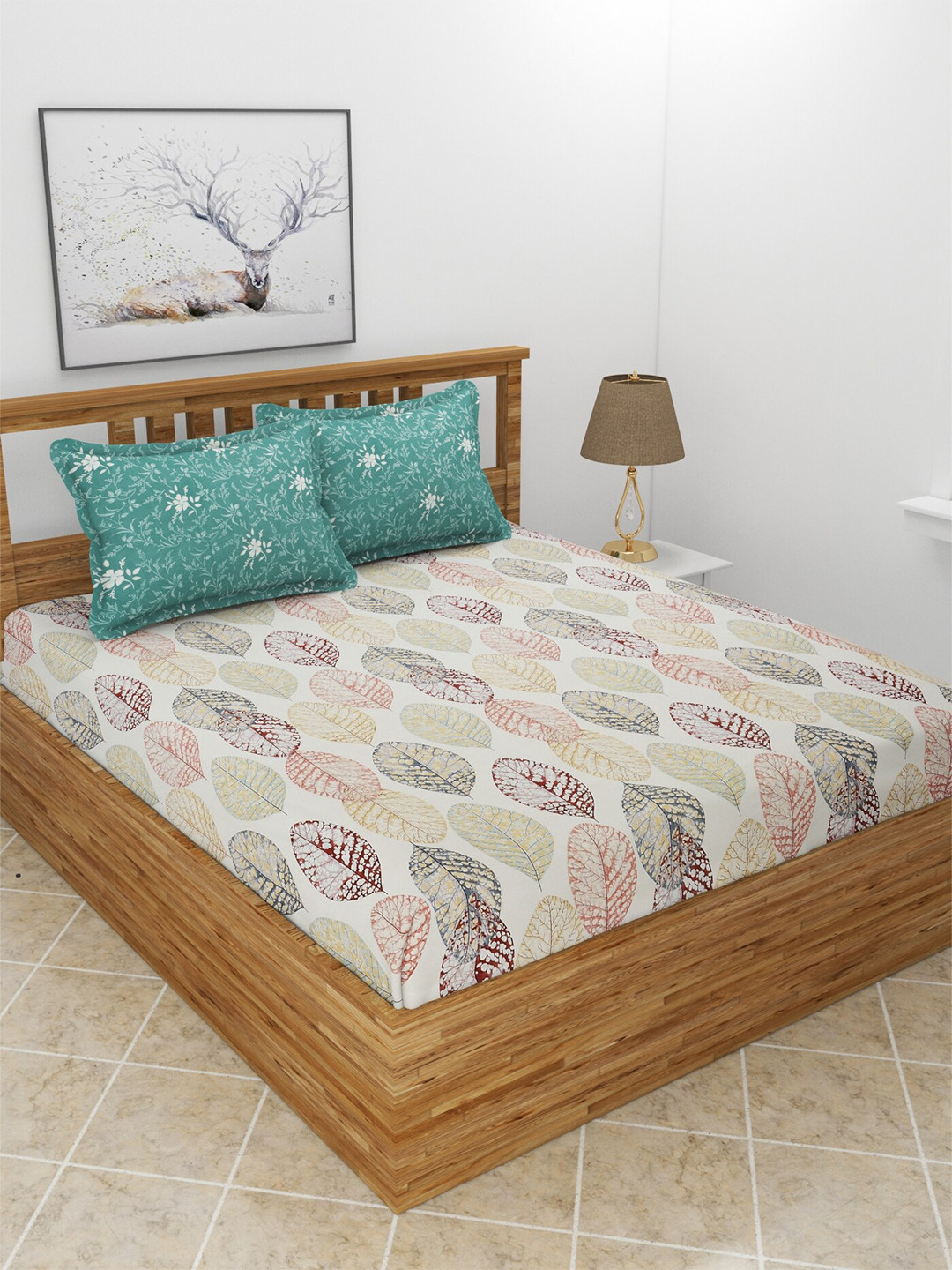 BREVARD Safron Off White Leaf Polycotton 210 TC King Fine Bedsheet with 2 Pillow Covers-274.32 x 274.32 cm