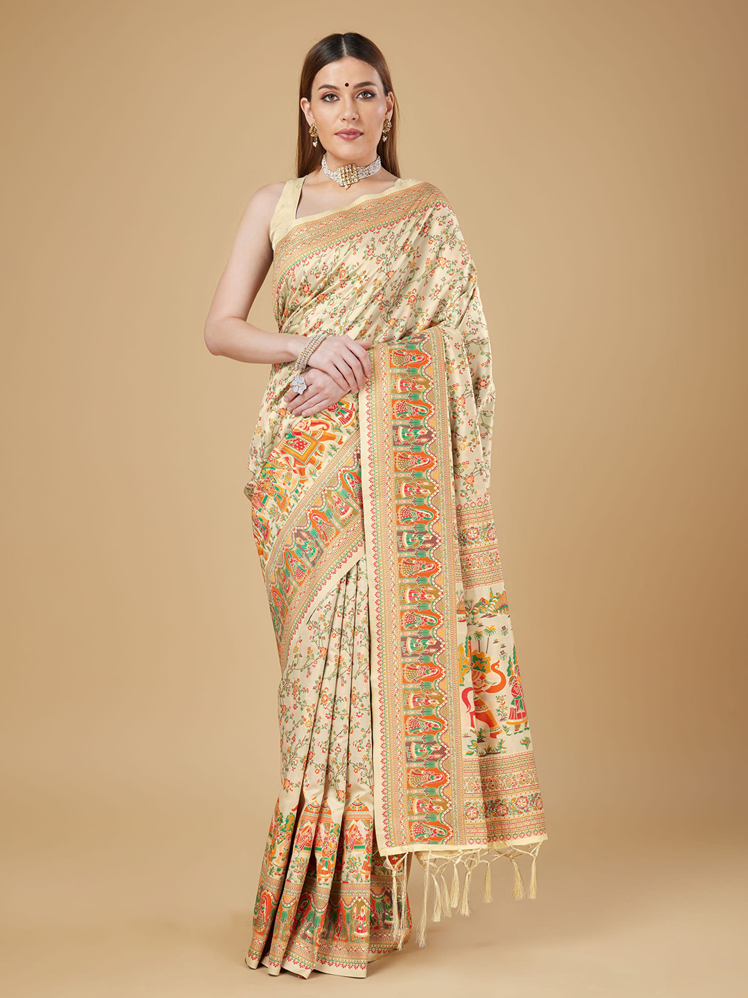 RAJ DHARMA SILK Ethnic Motifs Woven Design Pashmina Work Zari Banarasi Saree