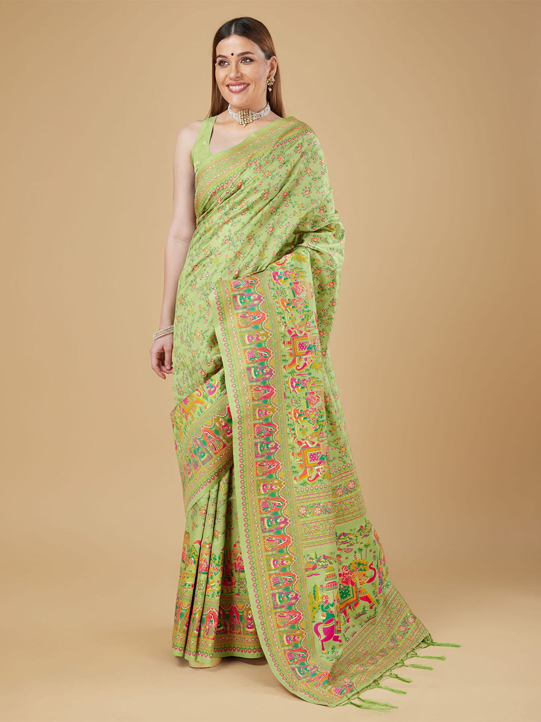 RAJ DHARMA SILK Ethnic Motifs Woven Design Pashmina Work Zari Banarasi Saree