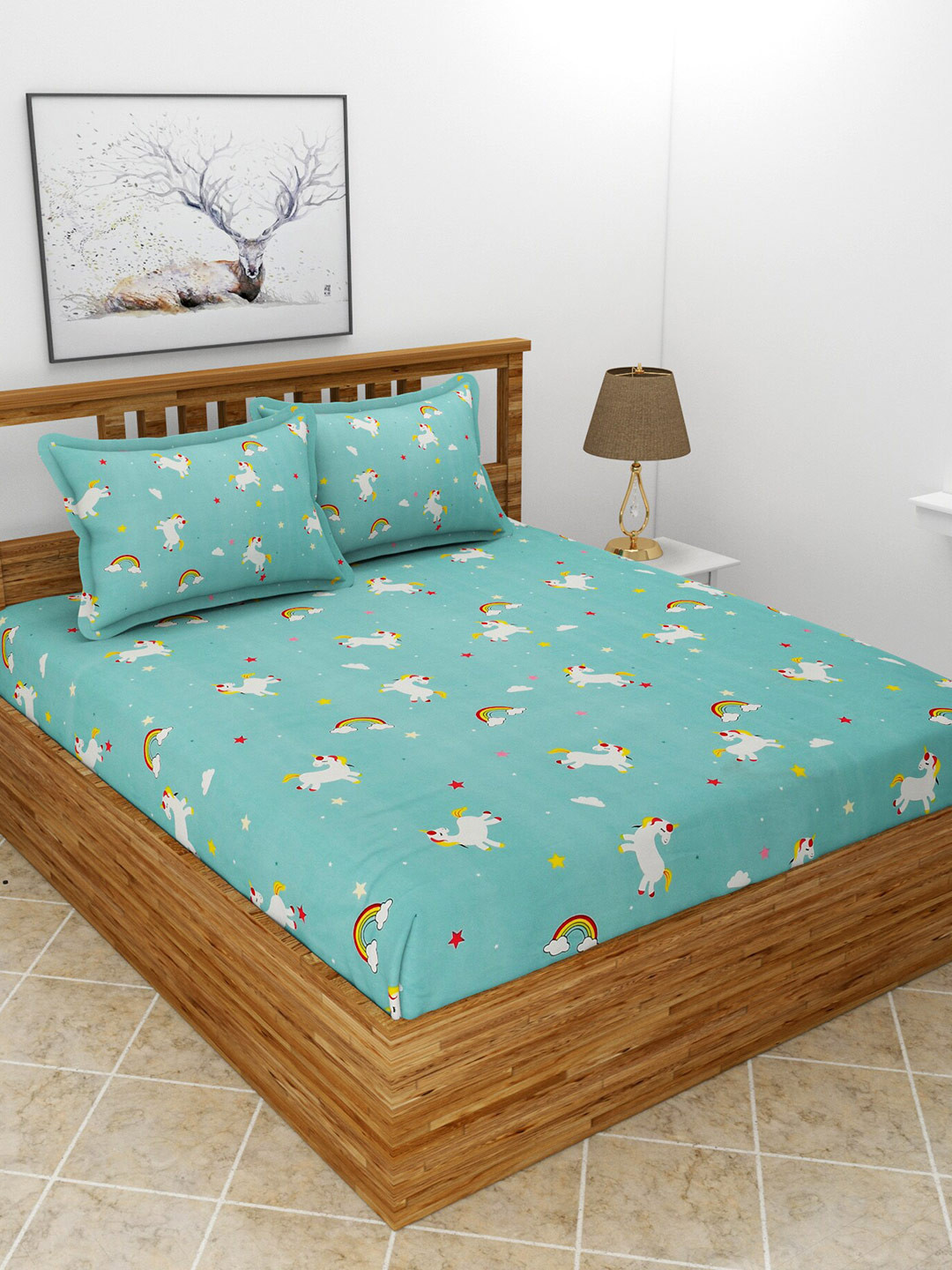 BREVARD Kidzania Blue Cartoon Characters Polycotton 210 TC Queen Fine Bedsheet with 2 Pillow Covers-100 x 90 inches