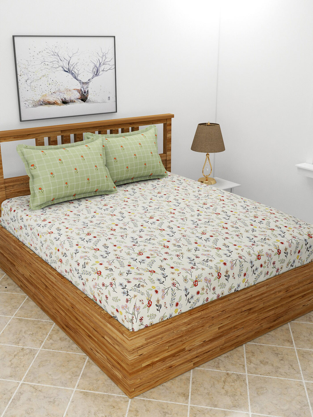 BREVARD Saffron Off White Floral Polycotton Skin-Friendly 210 TC King Fine Bedsheet with 2 Pillow Covers-100 x 90 inches