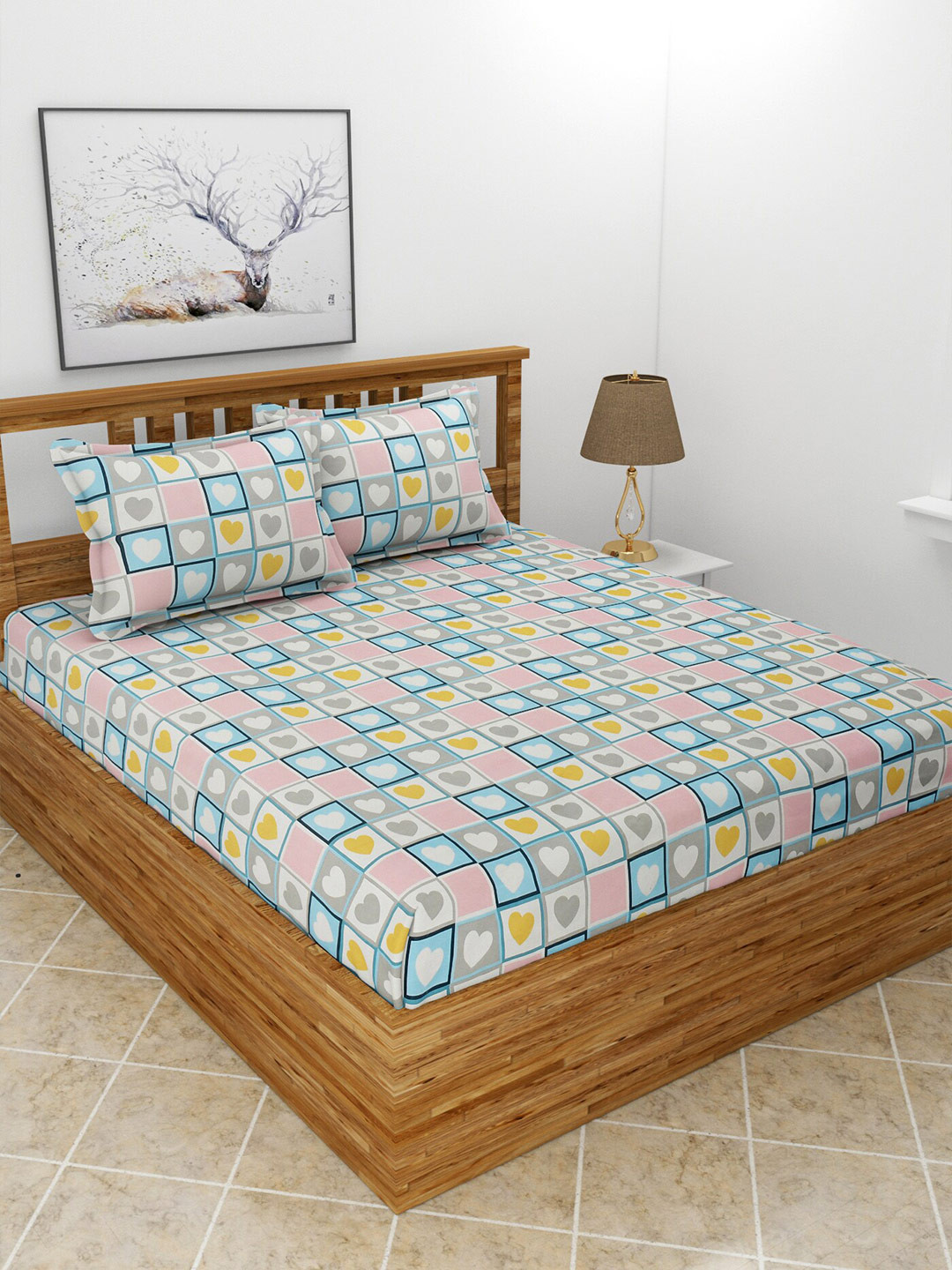 BREVARD Flat_Saffron_Dbs White Graphic Polycotton 210 TC King Fine Bedsheet with 2 Pillow Covers-108 x 108 inches