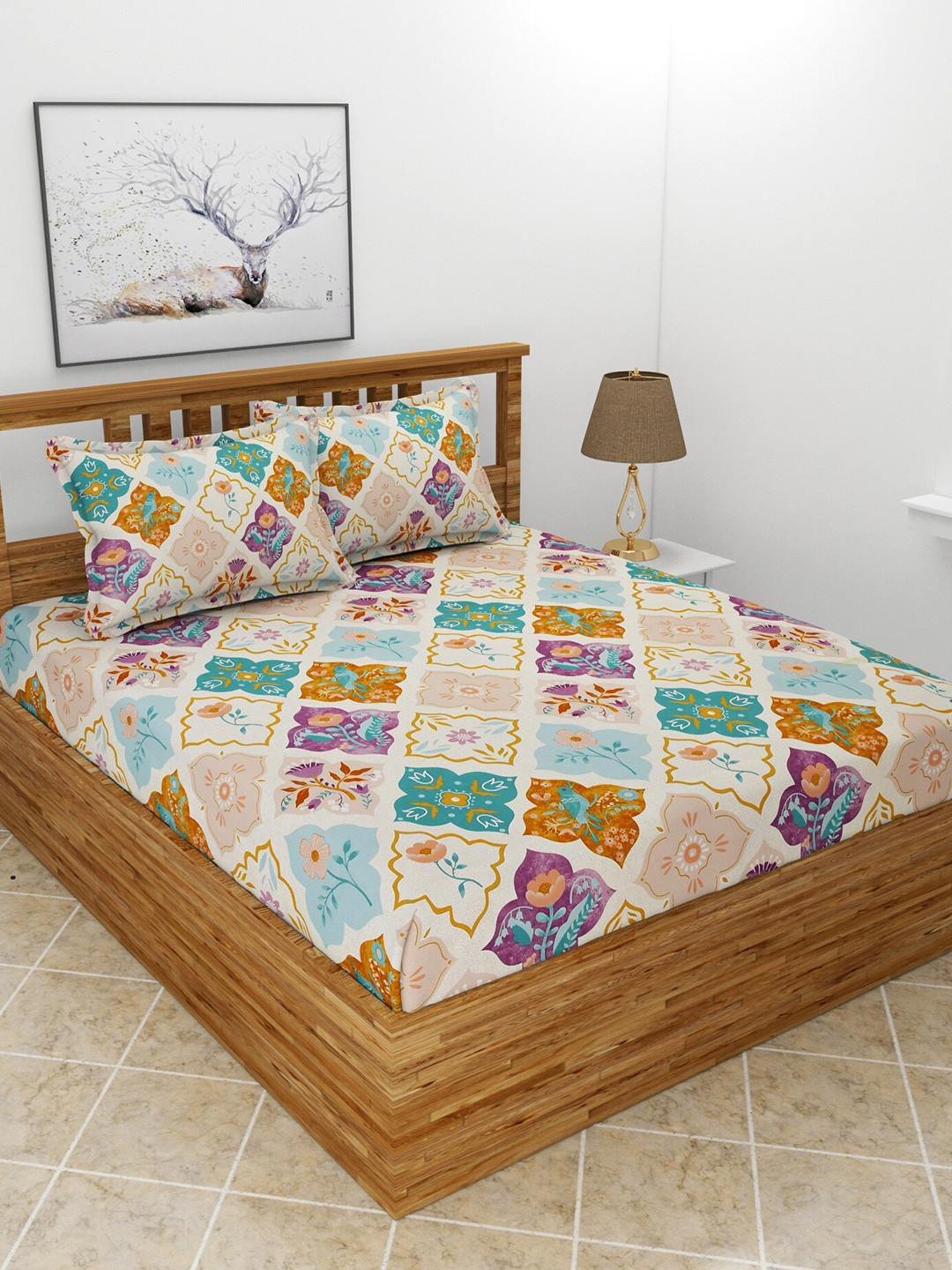 BREVARD Maple Purple Ethnic Motifs Polycotton 210 TC Queen Fine Bedsheet with 2 Pillow Covers-100 x 90 inches