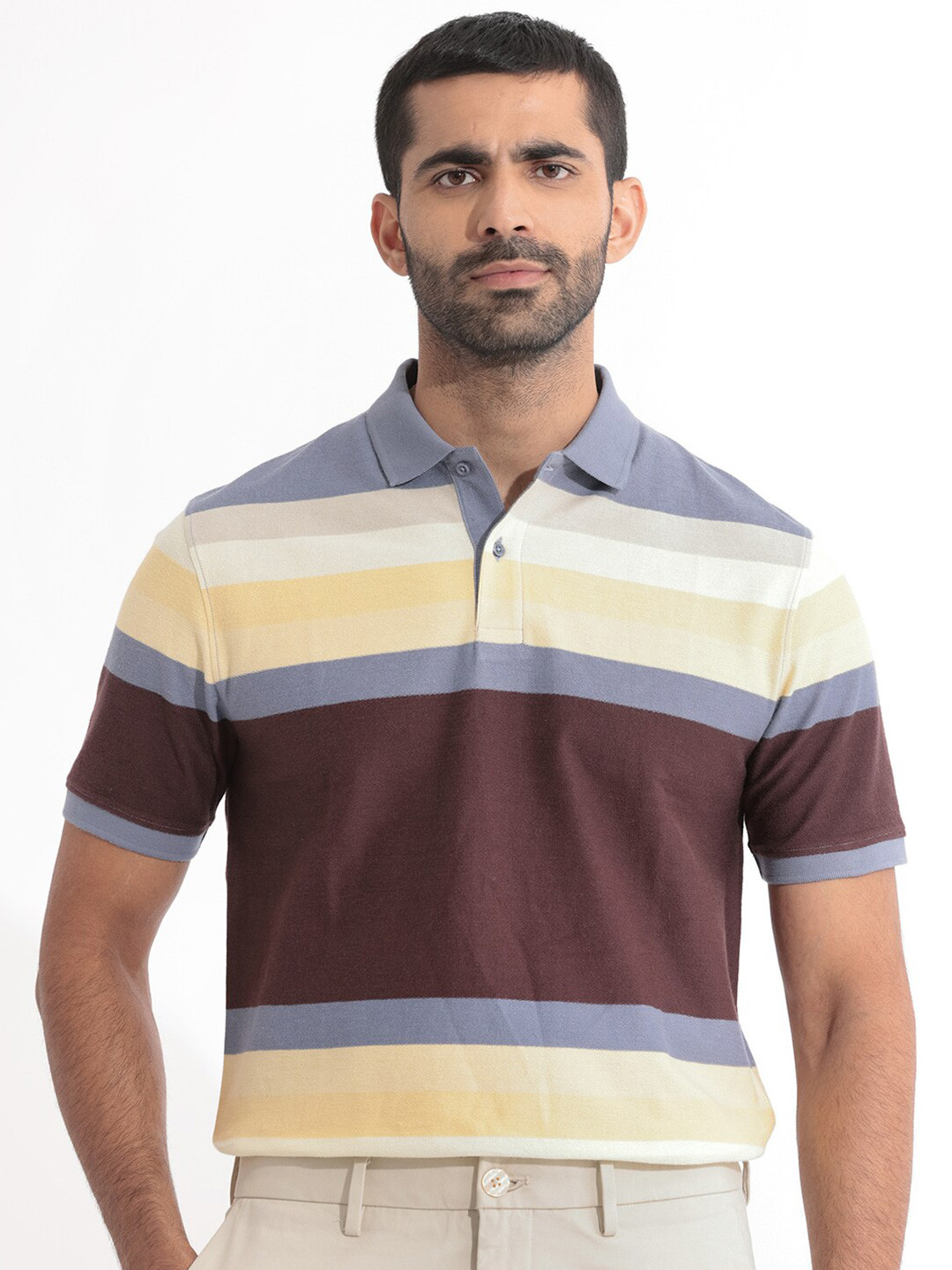 RARE RABBIT Men Glasglow Striped Polo Collar Slim Fit Pure Cotton T-Shirt