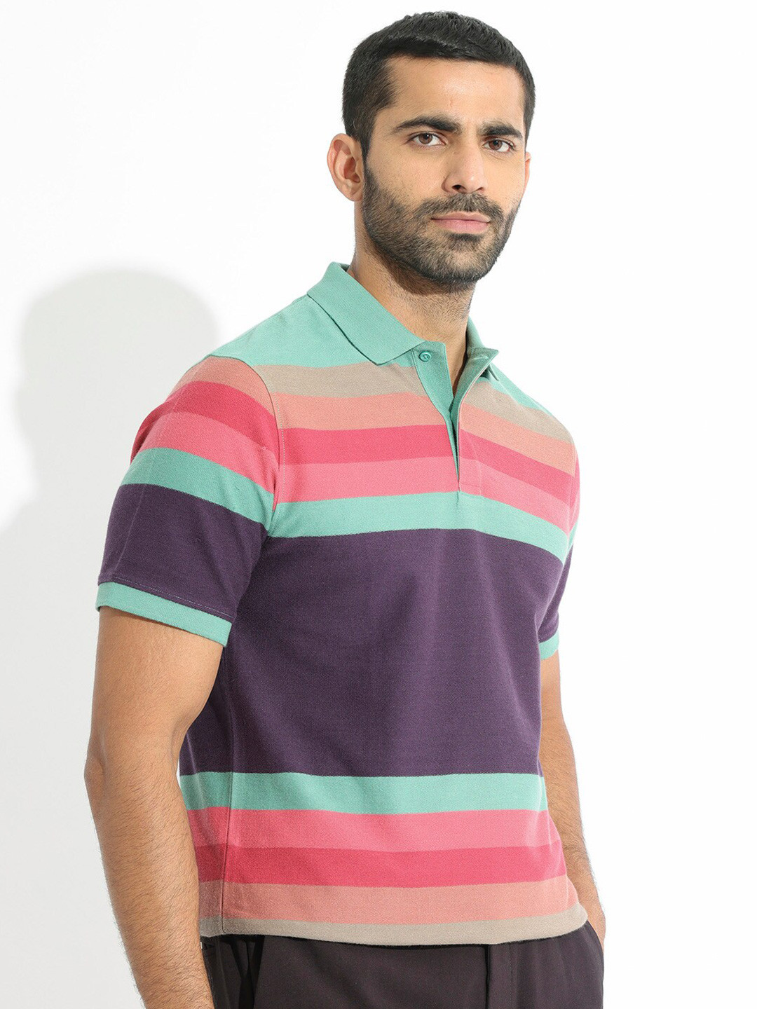 RARE RABBIT Men Glasglow Striped Polo Collar Slim Fit Pure Cotton T-Shirt