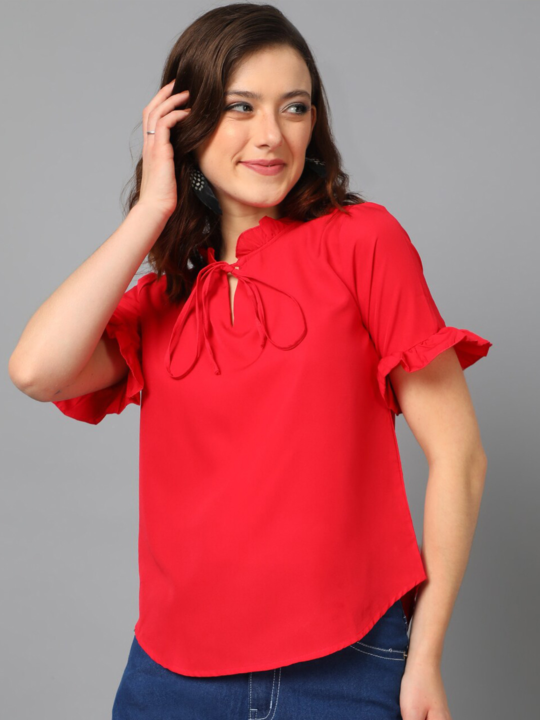 Kotty Red Tie-Up Neck Bell Sleeve Crepe Top