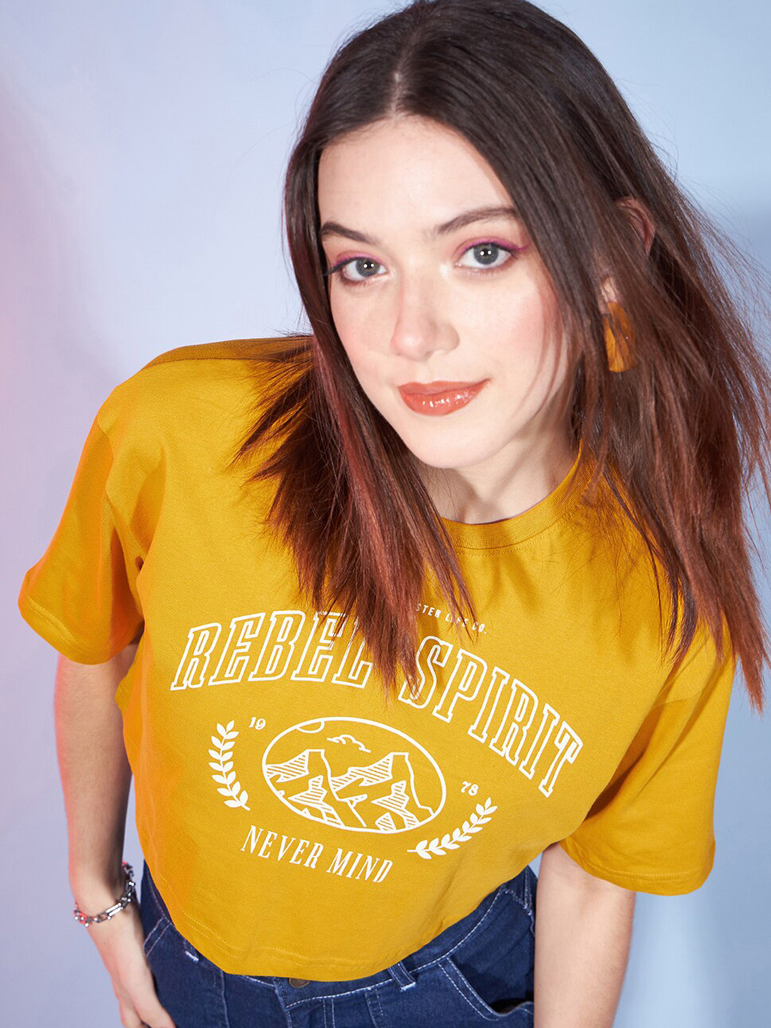 DressBerry Mustard Yellow Typography Printed Cotton Boxy Crop T-Shirt