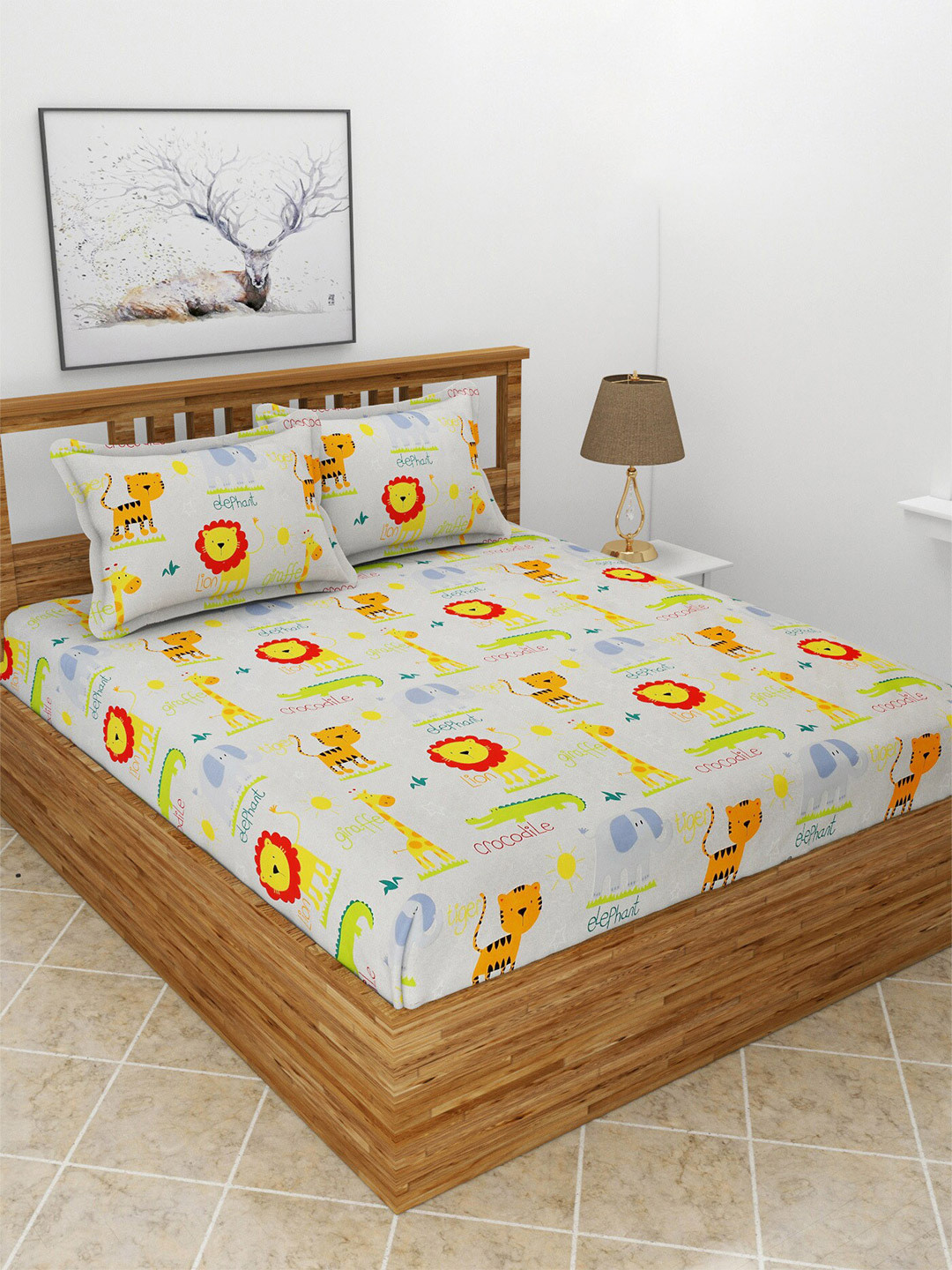 BREVARD Off White Cartoon Characters Polycotton 210 TC Fitted Queen Fine Bedsheet with 2 Pillow Covers-78 x 72 inches