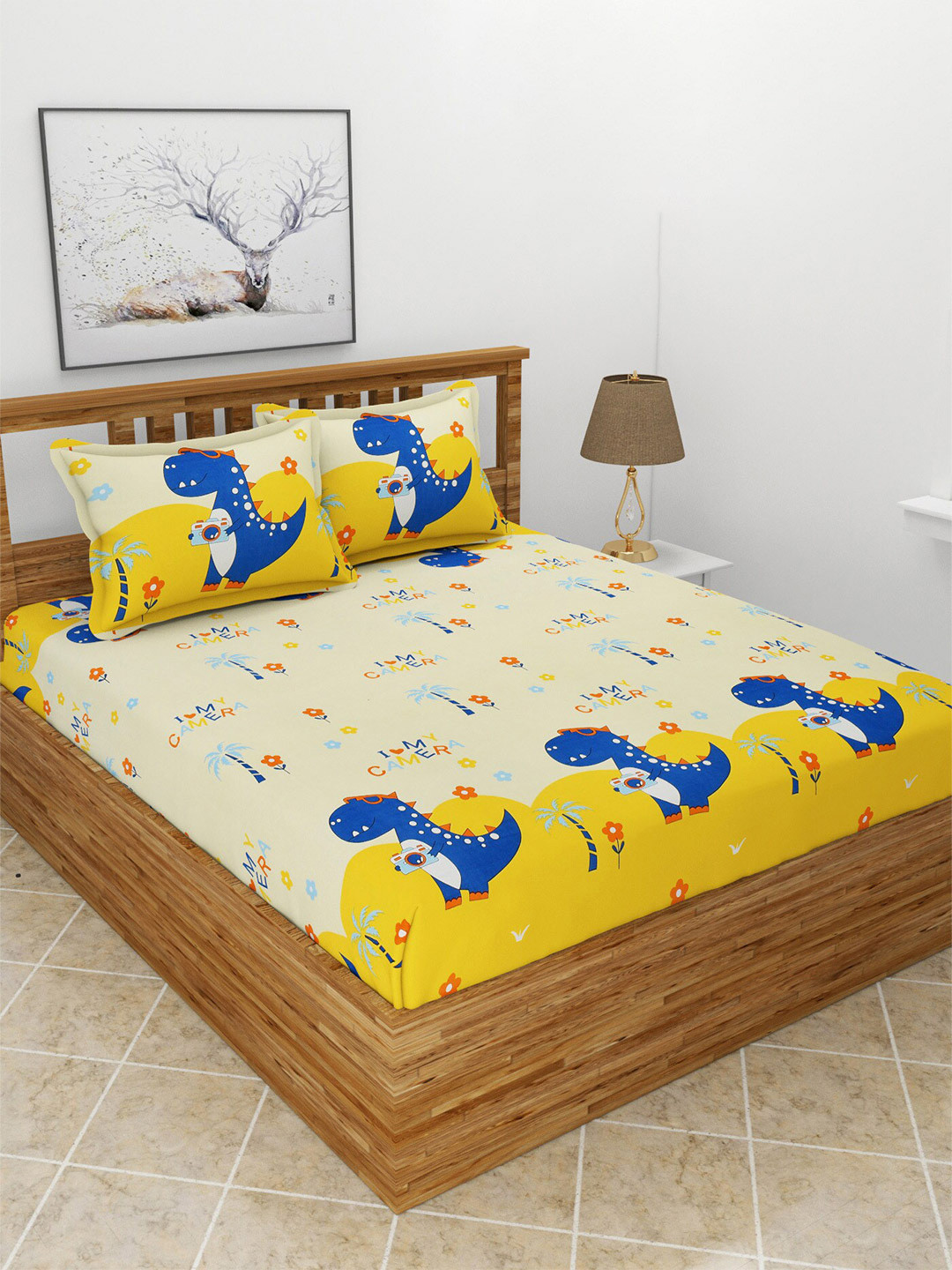 BREVARD Yellow Cartoon Characters Polycotton 180 TC Fitted Queen Fine Bedsheet with 2 Pillow Covers-198 x 182 x 20 cm
