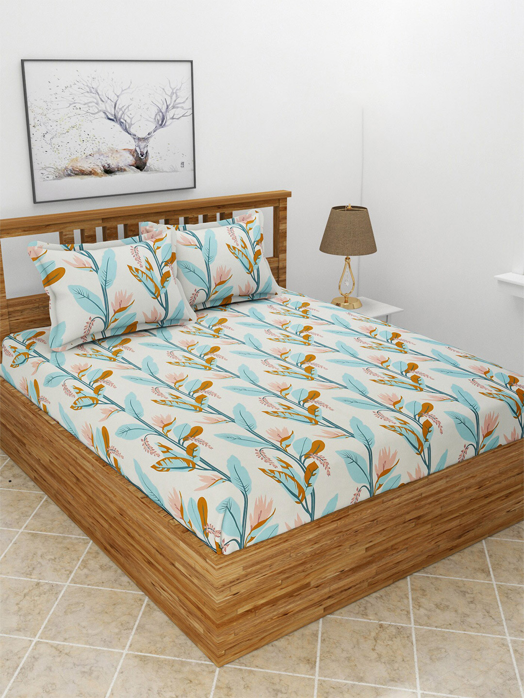 BREVARD Fitted_Maple Green Leaf Polycotton 210 TC Fitted Queen Fine Bedsheet with 2 Pillow Covers-198 x 182 x 203 cm