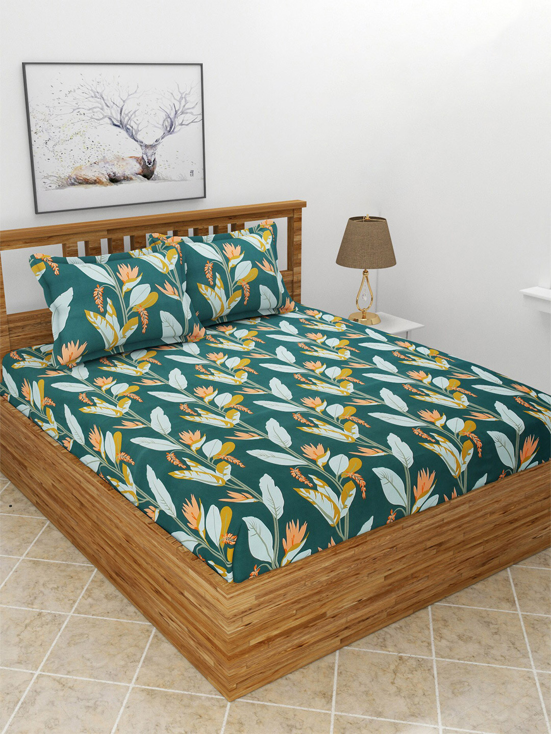 BREVARD Maple Green Floral Polycotton 210 TC Fitted Queen Fine Bedsheet with 2 Pillow Covers-78 x 72 inches