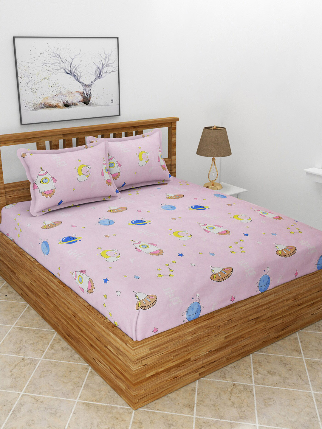 BREVARD Fitted_Dbs_Kidze Pink Conversational Polycotton 210 TC Fitted Queen Fine Bedsheet with 2 Pillow Covers-198 x 182 x 20 cm
