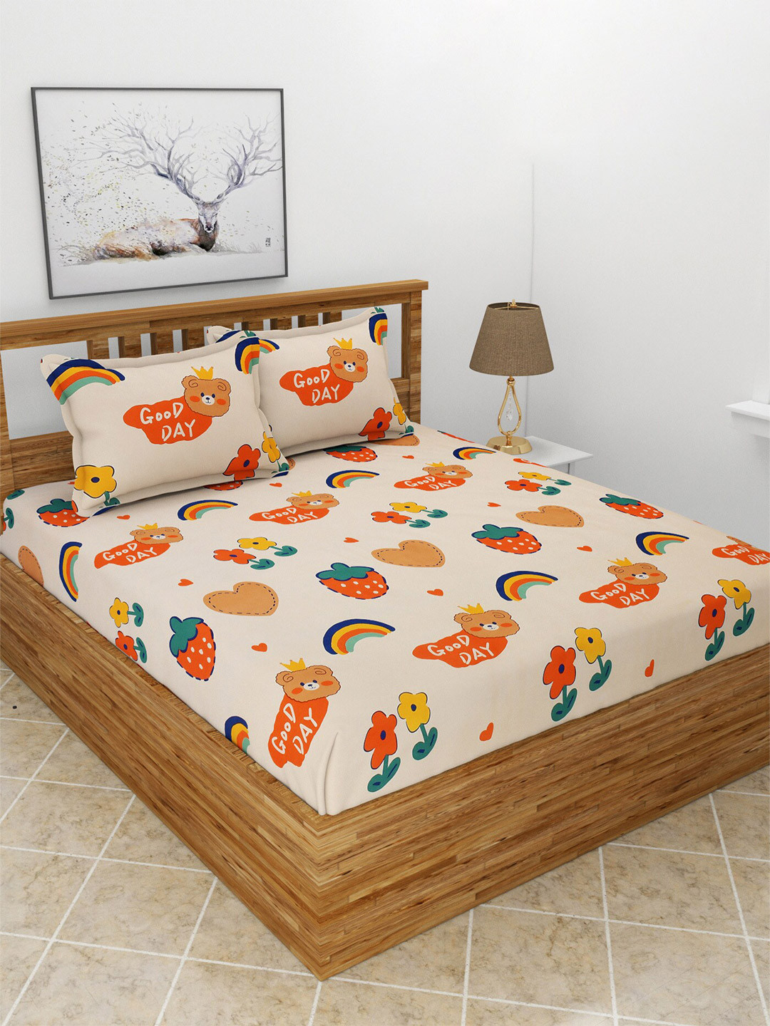 BREVARD Tina Pink Conversational Polycotton 180 TC Fitted Queen Fine Bedsheet with 2 Pillow Covers-78 x 72 inches