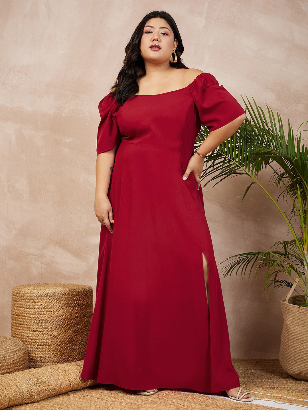 Berrylush Curve Plus Size Red Off Shoulder Maxi Dress