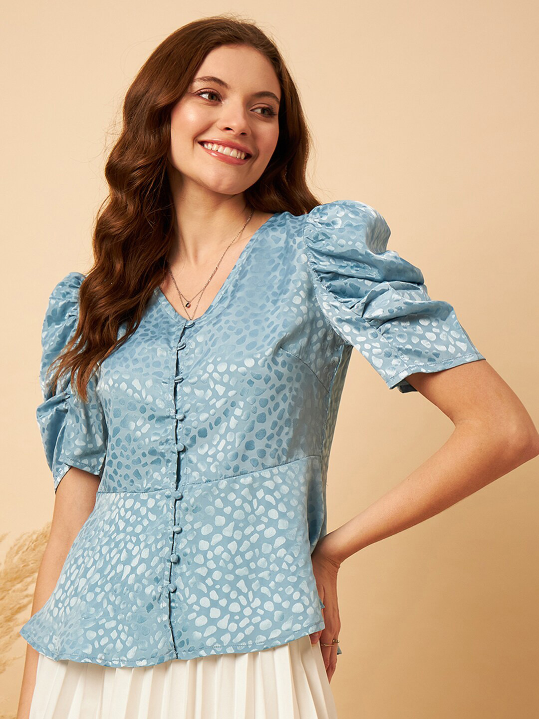 MINT STREET Abstract Woven Design Puff Sleeve V-Neck Jacquard Satin Peplum Top