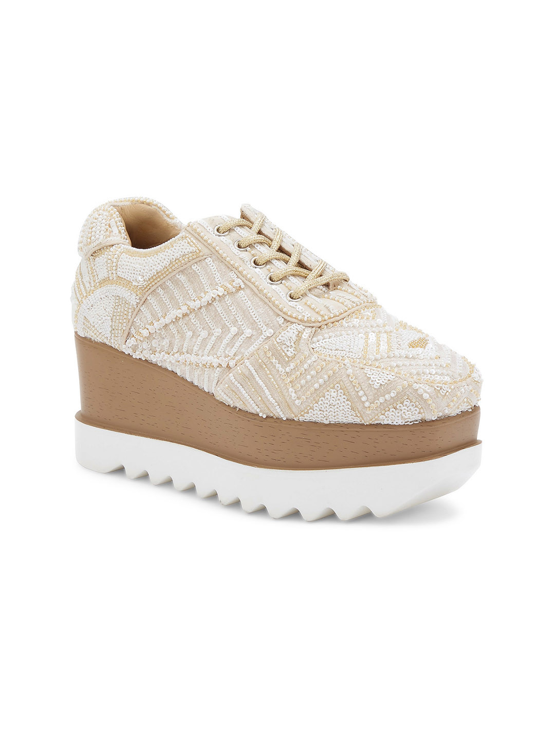 Anaar Women Latte Folk Embellished Lightweight Textile Flatforms Sneakers