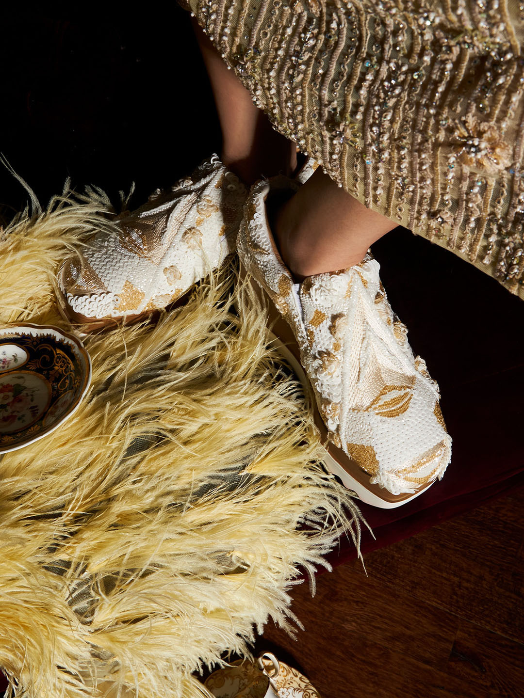 Anaar Women Enchanted Embellished Lightweight Textile Wedding Flatforms Slip - On Sneakers