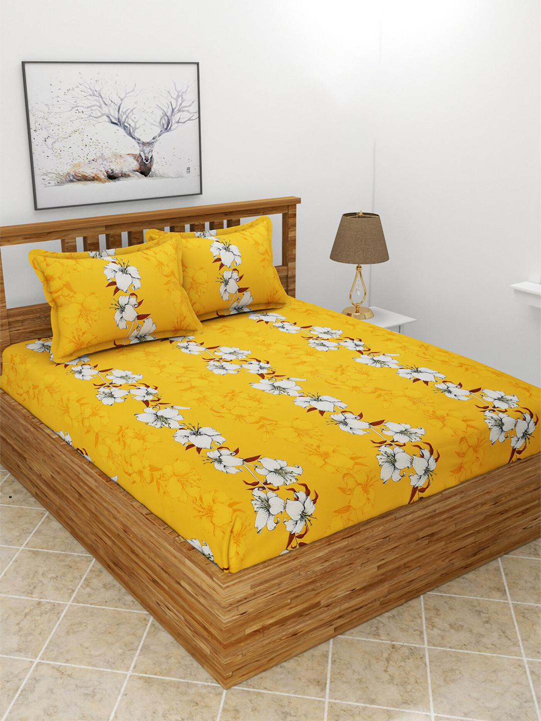 BREVARD Fitted_Maple Mustard Floral Polycotton 210 TC Fitted Queen Fine Bedsheet with 2 Pillow Covers-78 x 72 inches