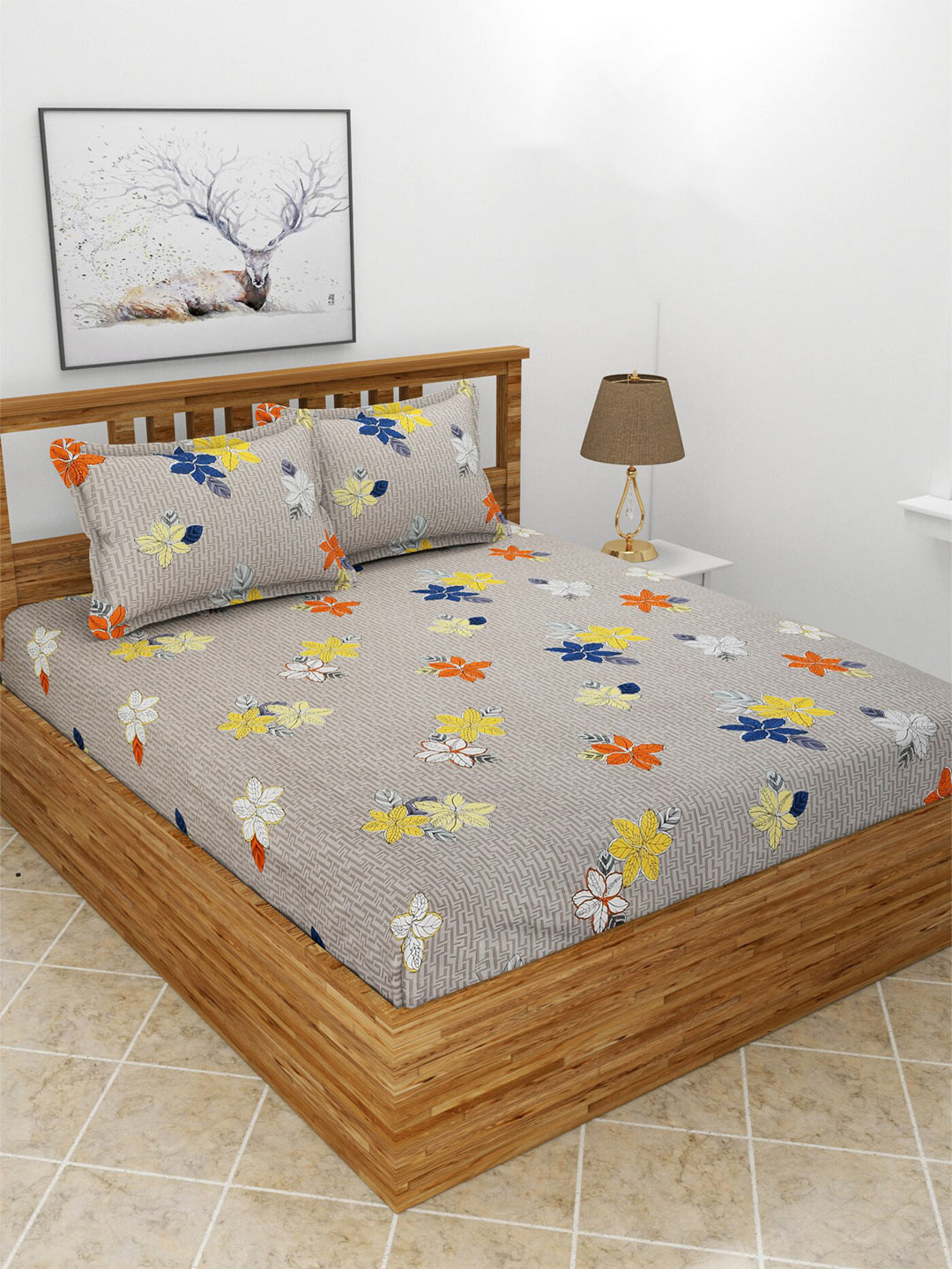 BREVARD Saffron Brown Floral Polycotton 180 TC Fitted King Fine Bedsheet with 2 Pillow Covers-72 x 36 inches