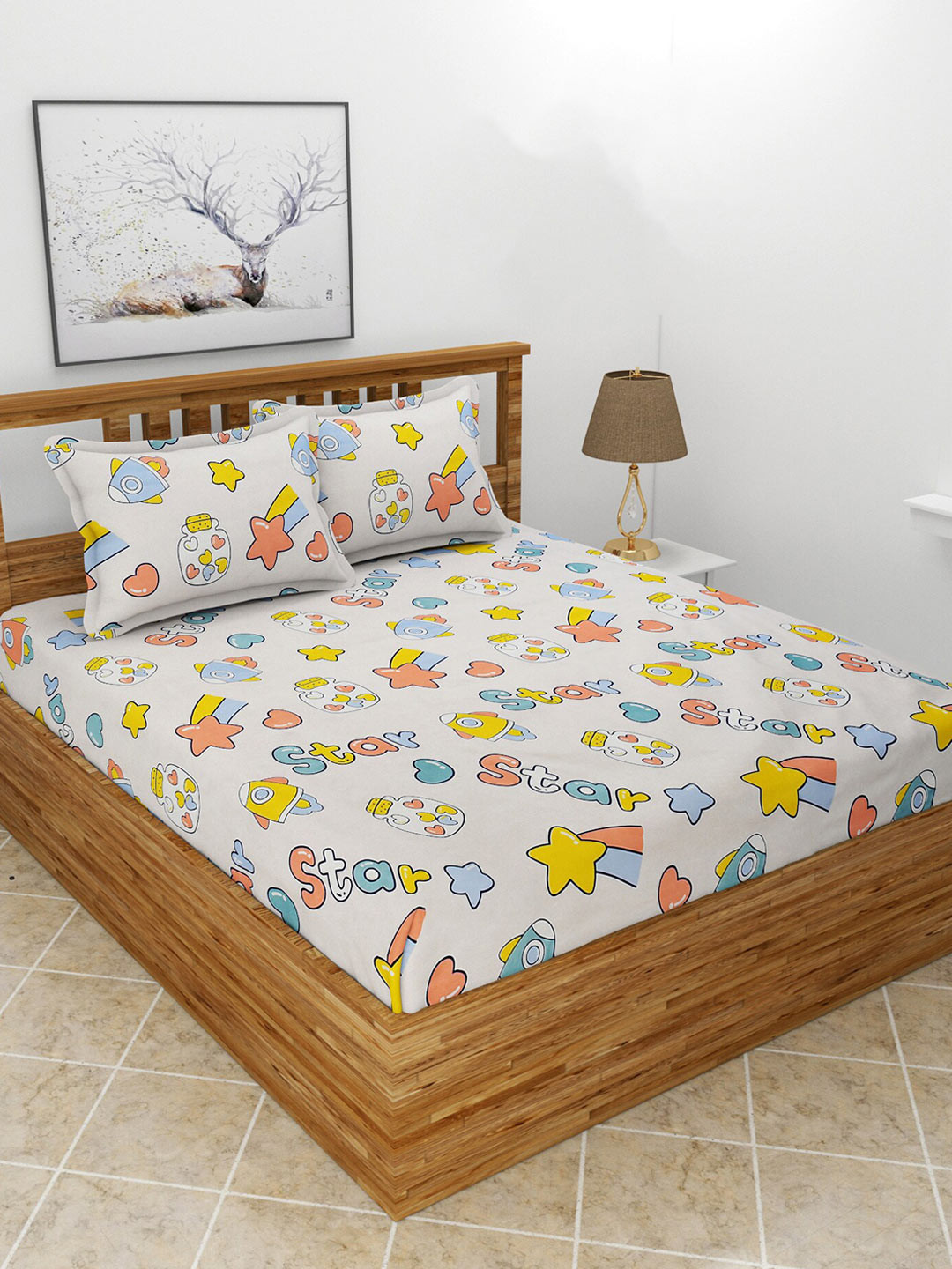 BREVARD Fitted_Dbs_Kidze White Conversational Polycotton 210 TC Fitted Queen Fine Bedsheet with 2 Pillow Covers-198 x 182 x 20 cm