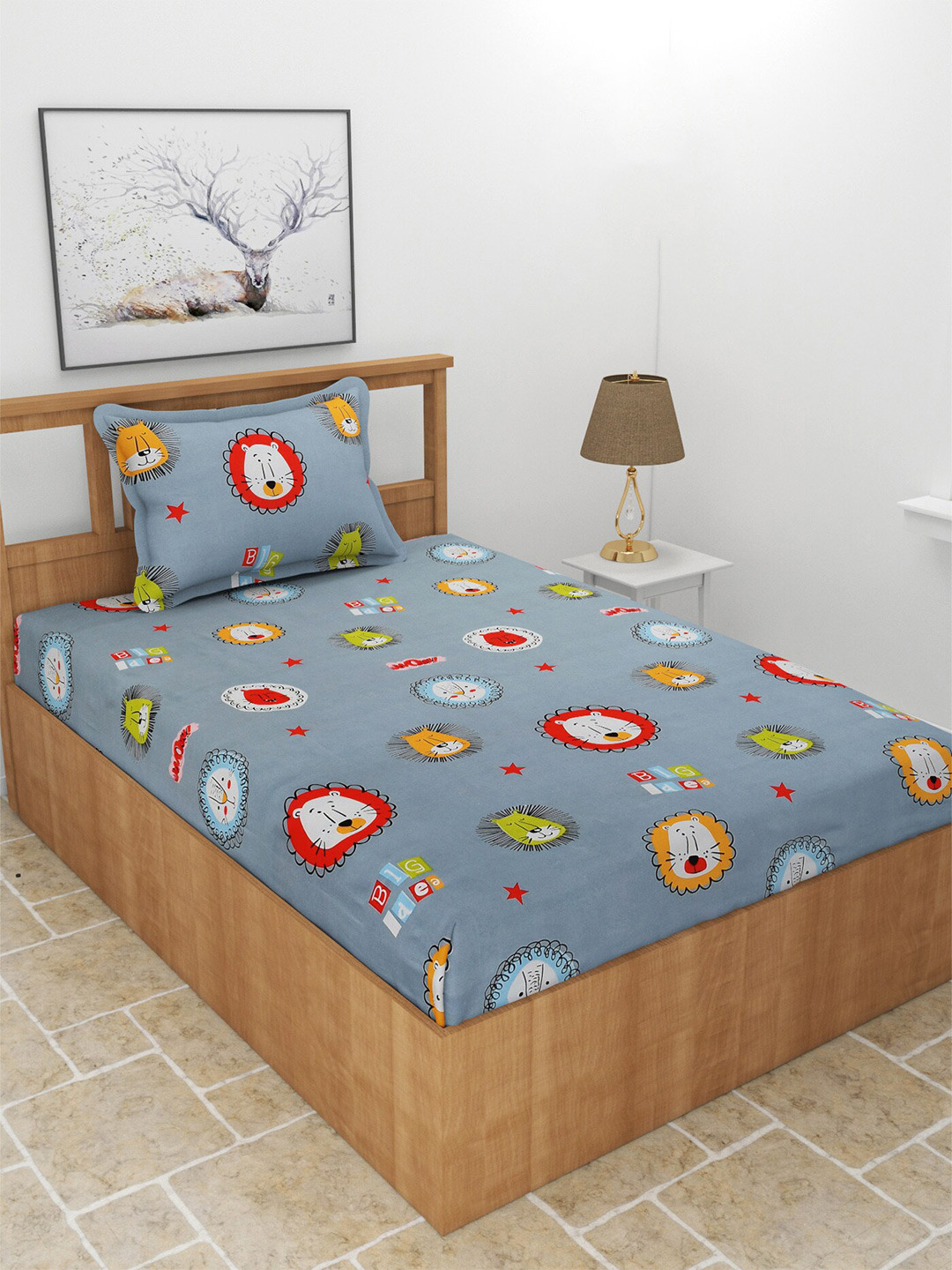BREVARD Ss_Sbs Grey Cartoon Characters Polycotton 180 TC Fitted Single Fine Bedsheet with a Pillow Cover-72 x 36 inches