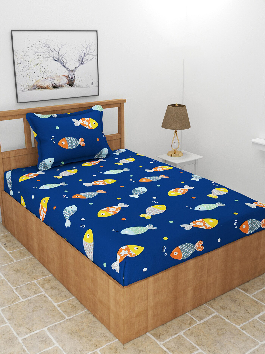 BREVARD Kidze Blue Conversational Polycotton 210 TC Fitted Single Fine Bedsheet with a Pillow Cover-59 x 87 inches