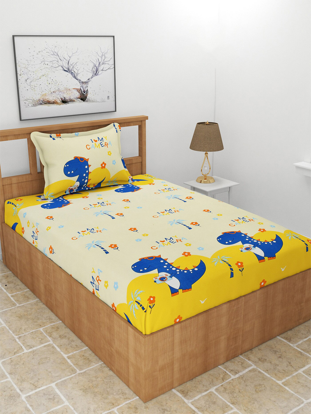 BREVARD Yellow Cartoon Characters Polycotton 180 TC Fitted Single Superfine Bedsheet with a Pillow Cover-182 x 191 x 20 cm
