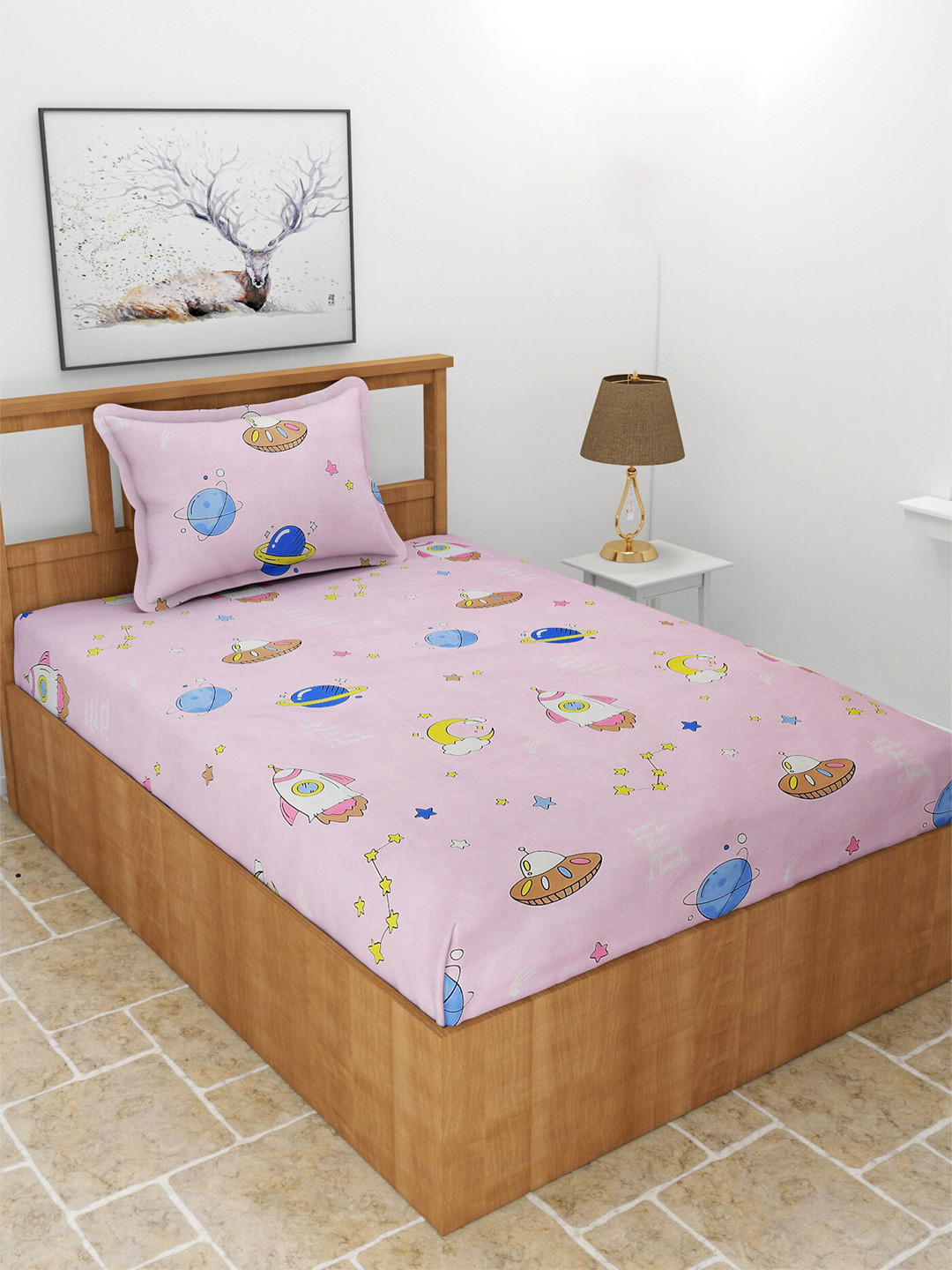 BREVARD Fitted_Sbs_Kidze Pink Conversational Polycotton 210 TC Fitted Single Fine Bedsheet with a Pillow Cover-182 x 91 x 20 cm