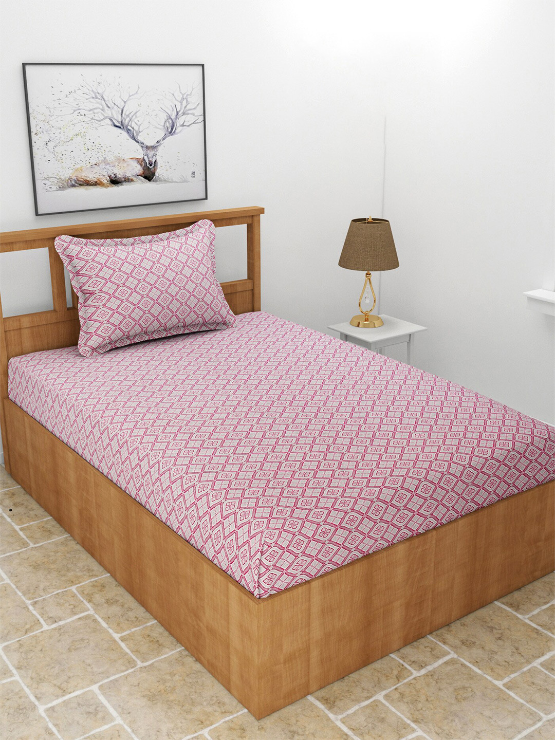 BREVARD Casem Pink Ethnic Motifs Polycotton 210 TC Fitted Single Fine Bedsheet with a Pillow Cover-914 x 180 cm