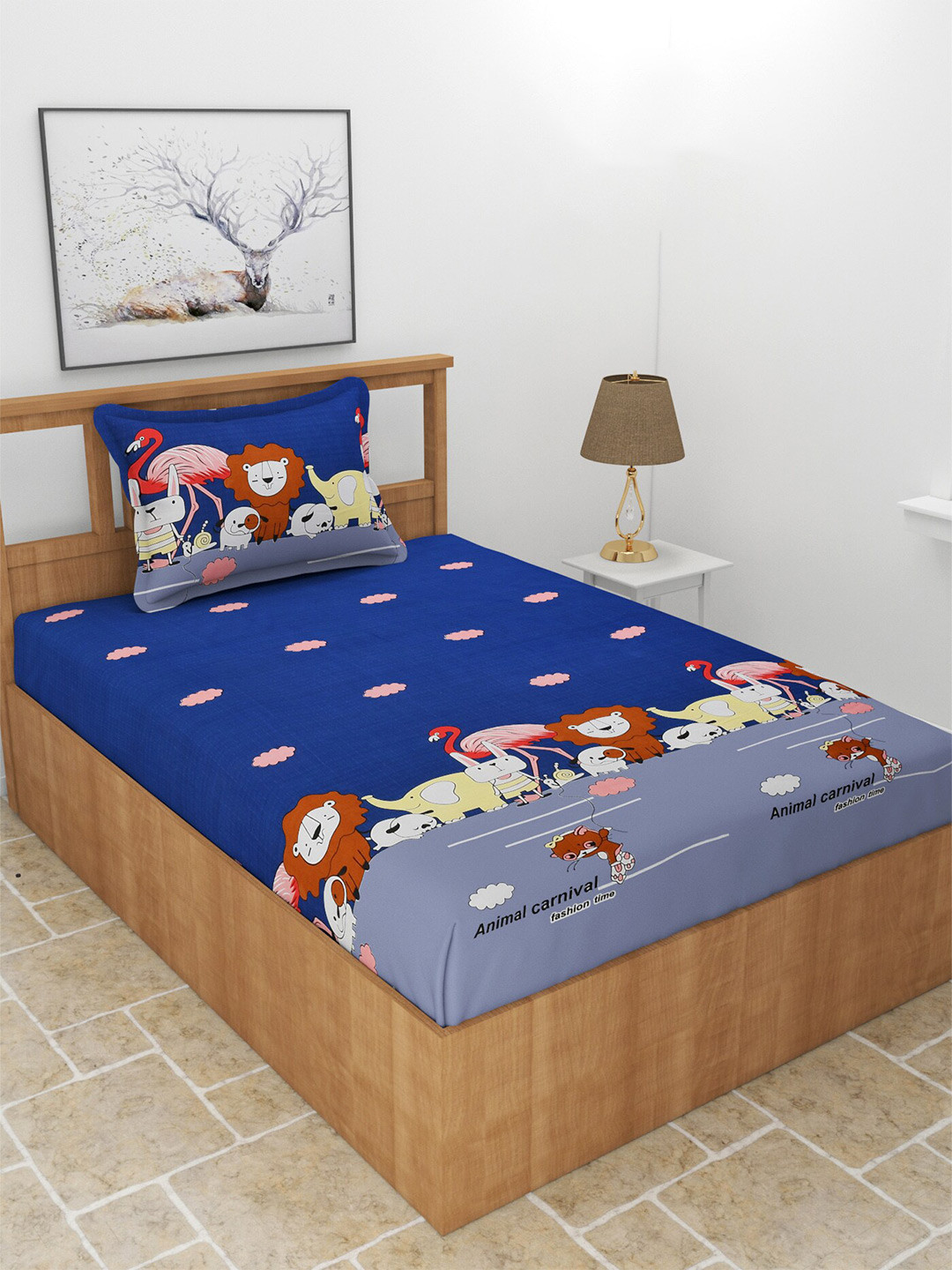 BREVARD Fitted_Teen_Sbs Blue Graphic Polycotton 180 TC Fitted Single Fine Bedsheet with a Pillow Cover-182 x 91 x 20 cm