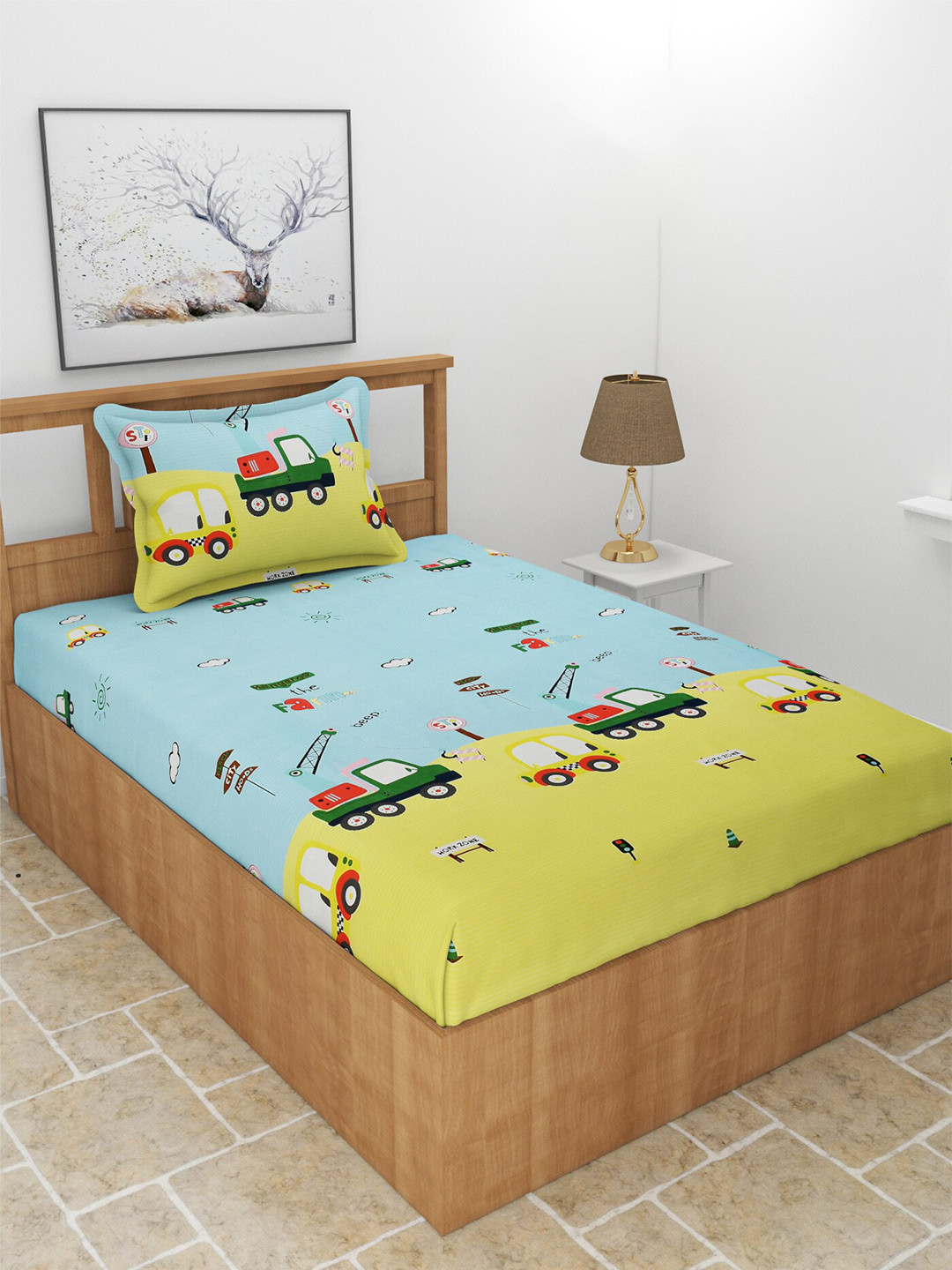 BREVARD Yellow Conversational Polycotton 210 TC Fitted Single Fine Bedsheet with a Pillow Cover-72 x 360 inches
