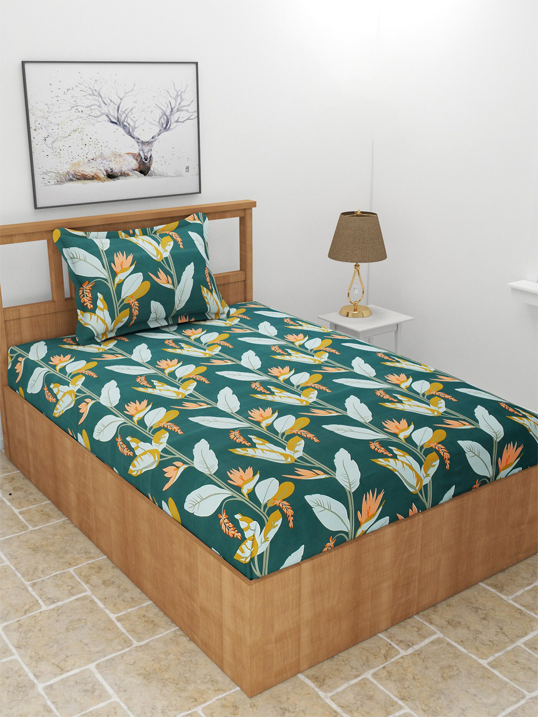 BREVARD Maple Green Graphic Polycotton 210 TC Fitted Single Fine Bedsheet with a Pillow Cover-182 x 91 cm