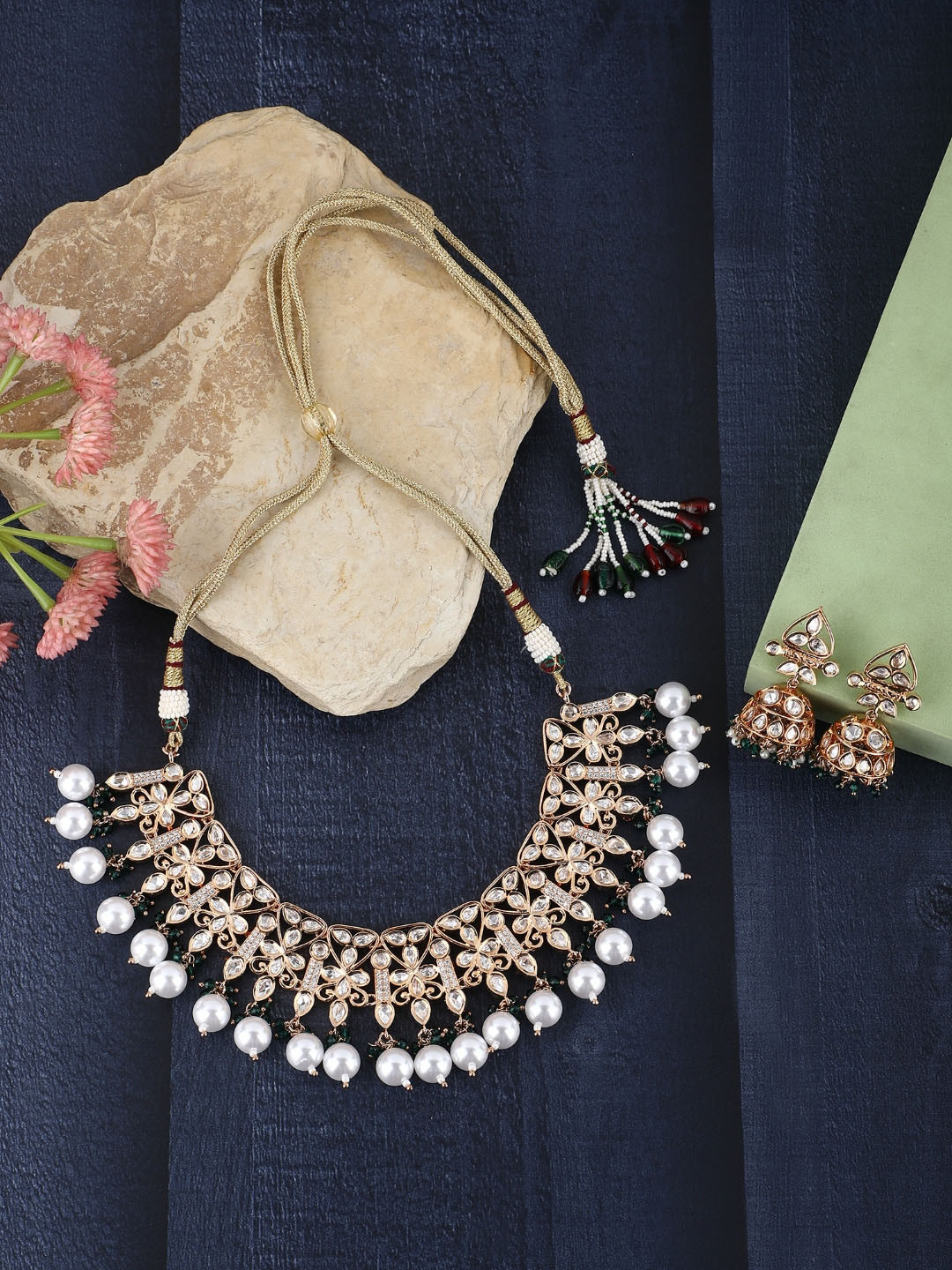 AURAA TRENDS 22KT Gold Plated Kundan & Beaded Necklace with Jhumkas