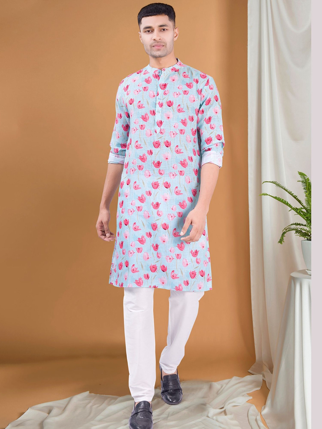 SHIWAM ETHNIX Floral Printed Band Collar Regular Pastel Kurta With Pyjama Pants