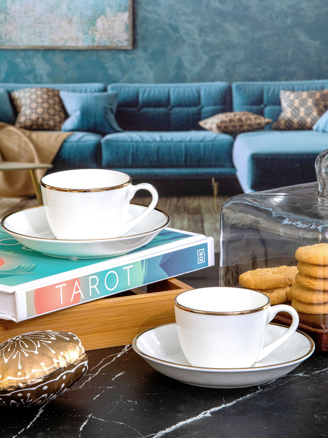 SONAKI White & Gold-Toned 12 Pieces Printed Bone China Glossy Cups and Saucers 140 ML Each