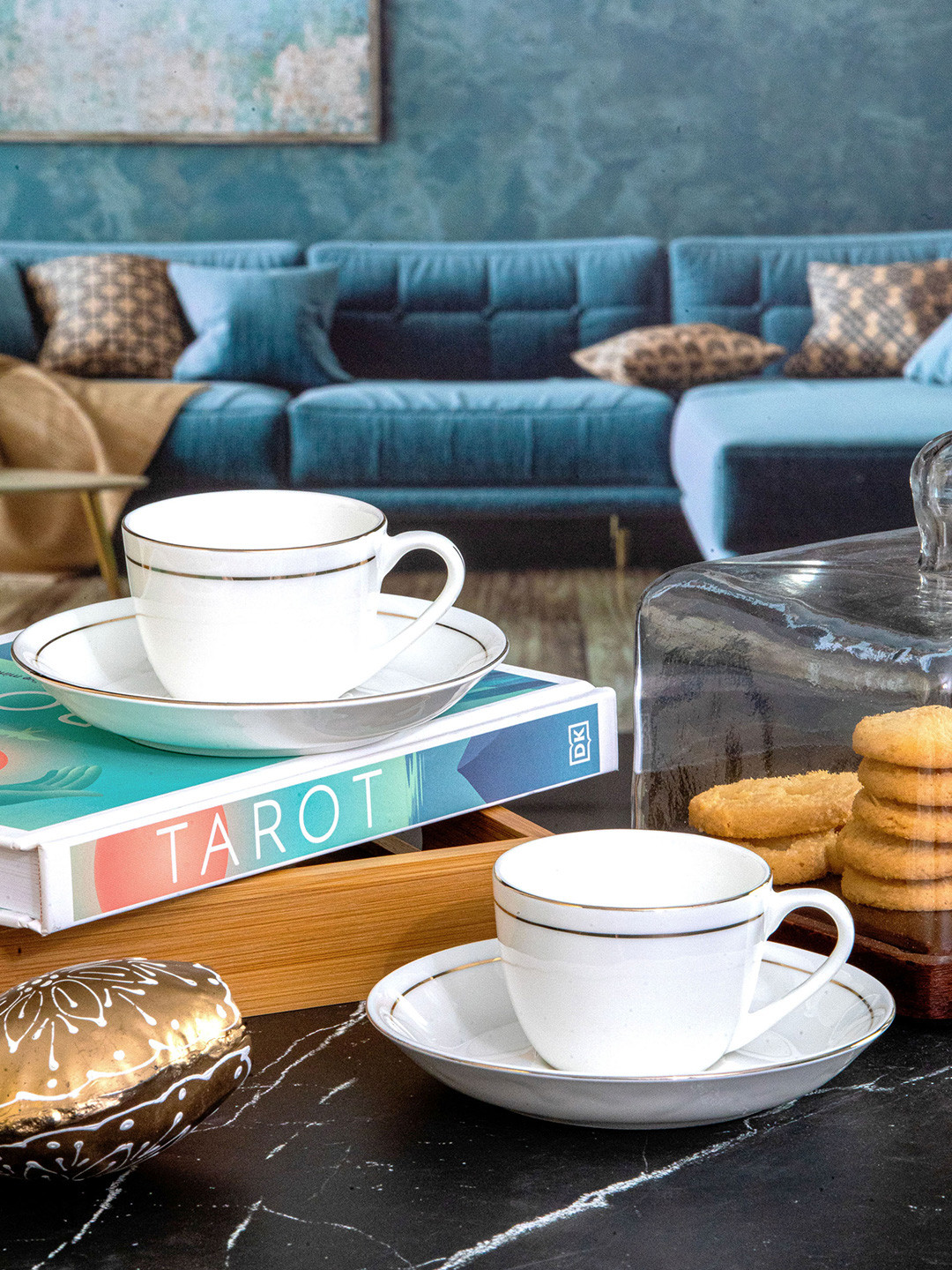 SONAKI White & Gold-Toned 12 Pieces Bone China Glossy Coffee Cup and Saucers 140 ml