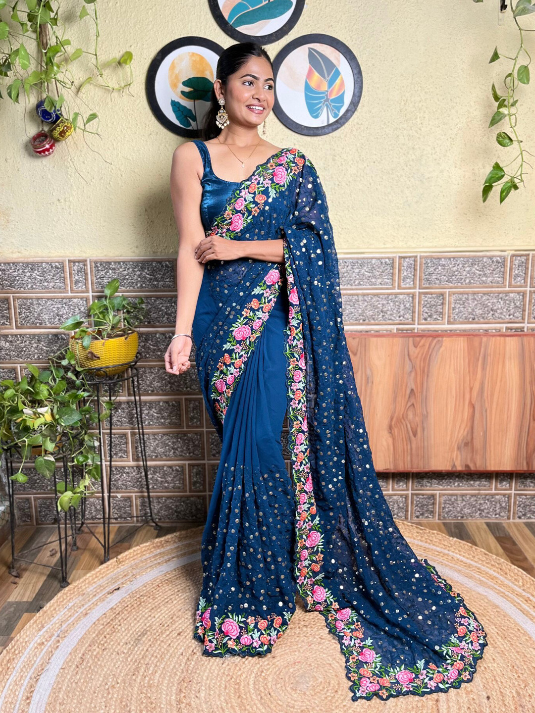Mitera Teal & Pink Floral Sequinned Saree