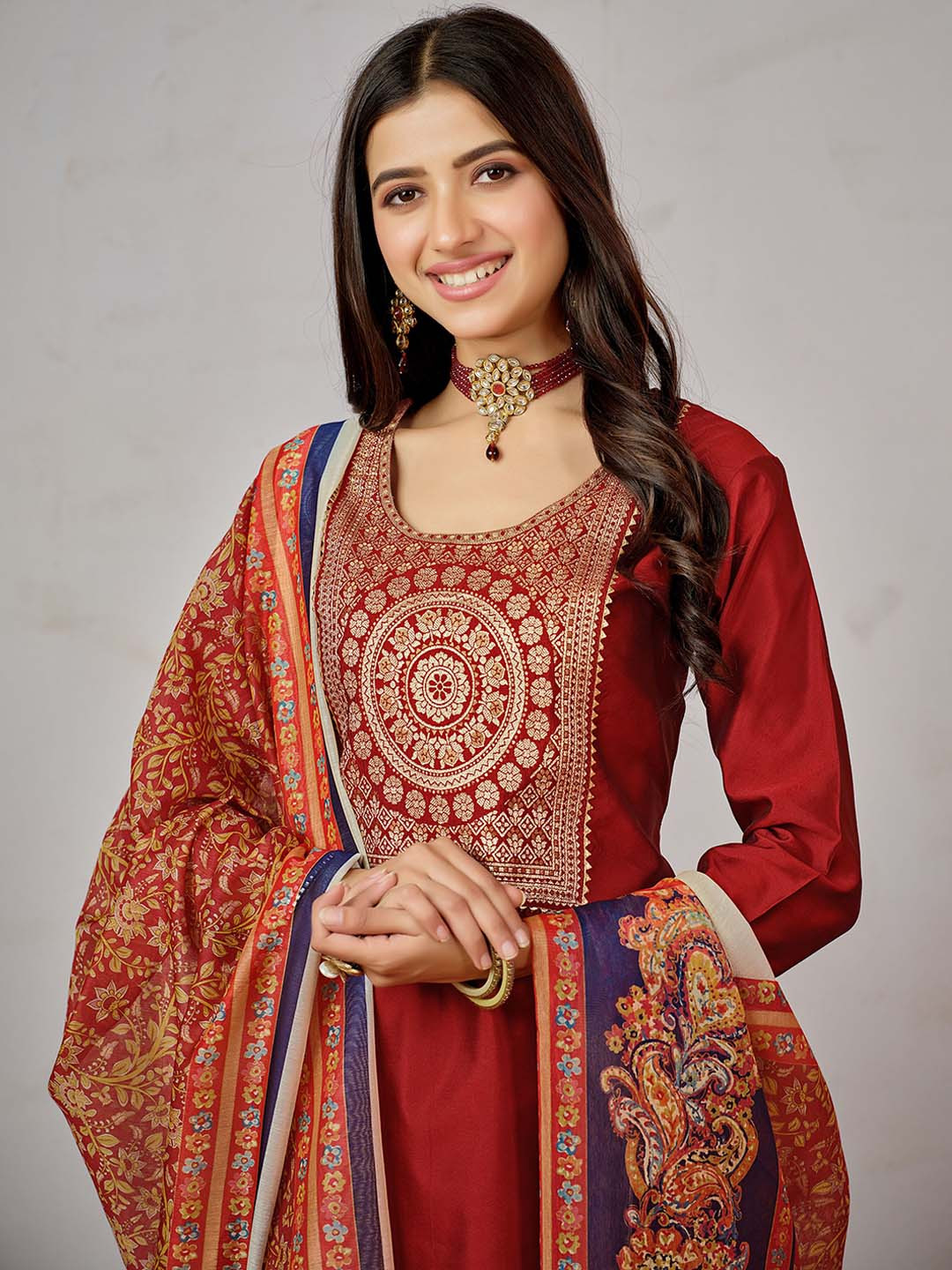 Sangria Red Ethnic Motifs Yoke Design Gotta Patti Art Silk Kurta With Trouser & Dupatta