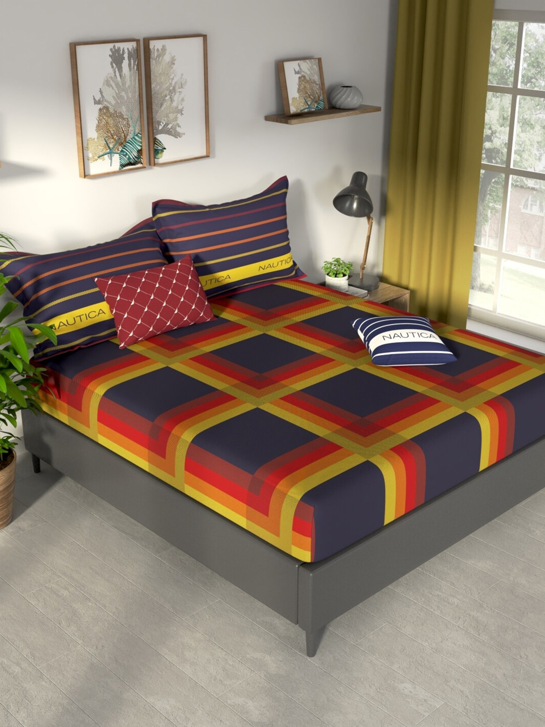 Nautica Pacific Coast Premium Purple Geometric Pure Cotton Anti-Microbial 160 TC King Bedsheet with 2 Pillow Covers-89 x 108 inches