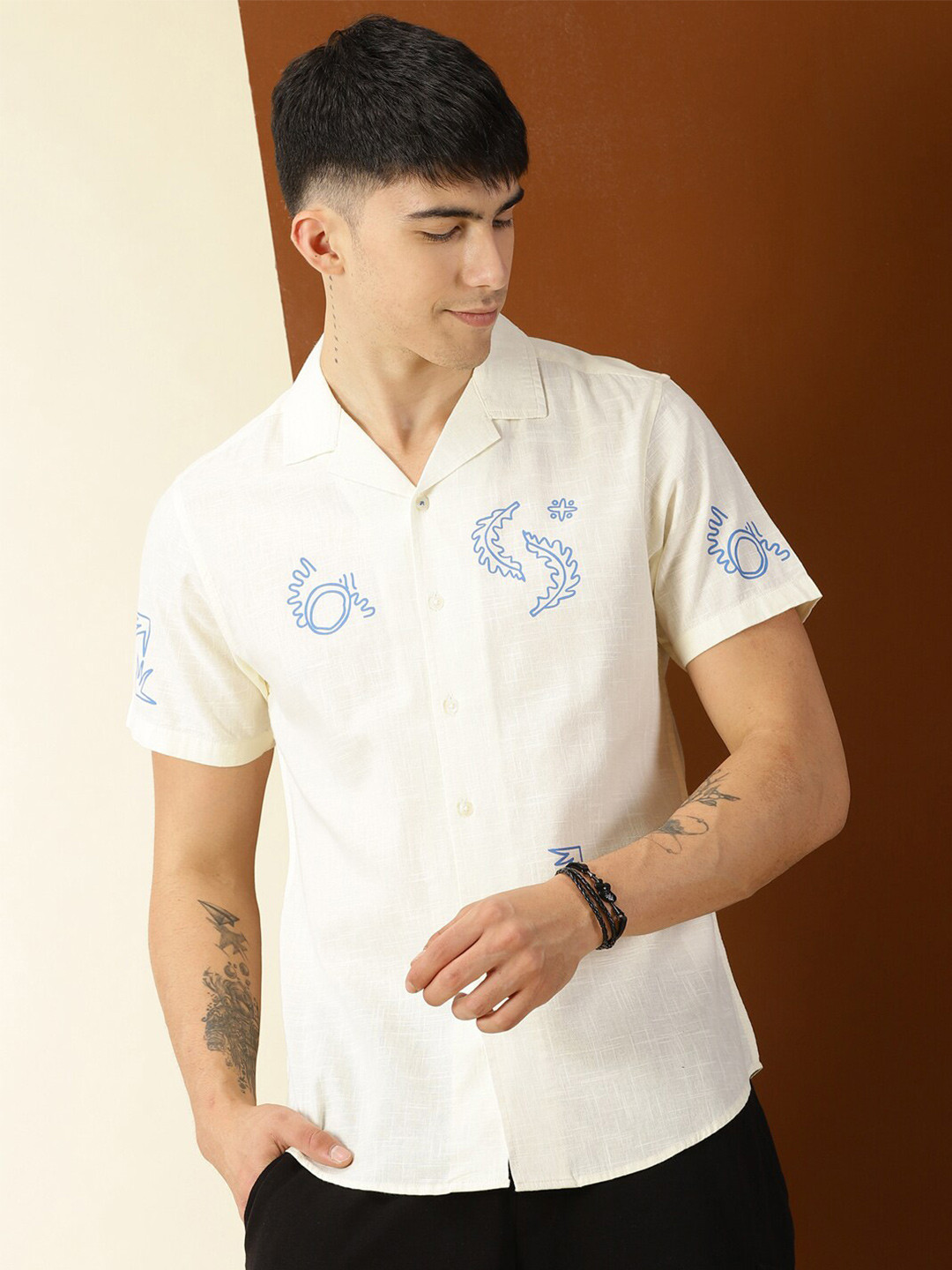 Thomas Scott Premium Conversational Printed Cuban Collar Cotton Casual Shirt