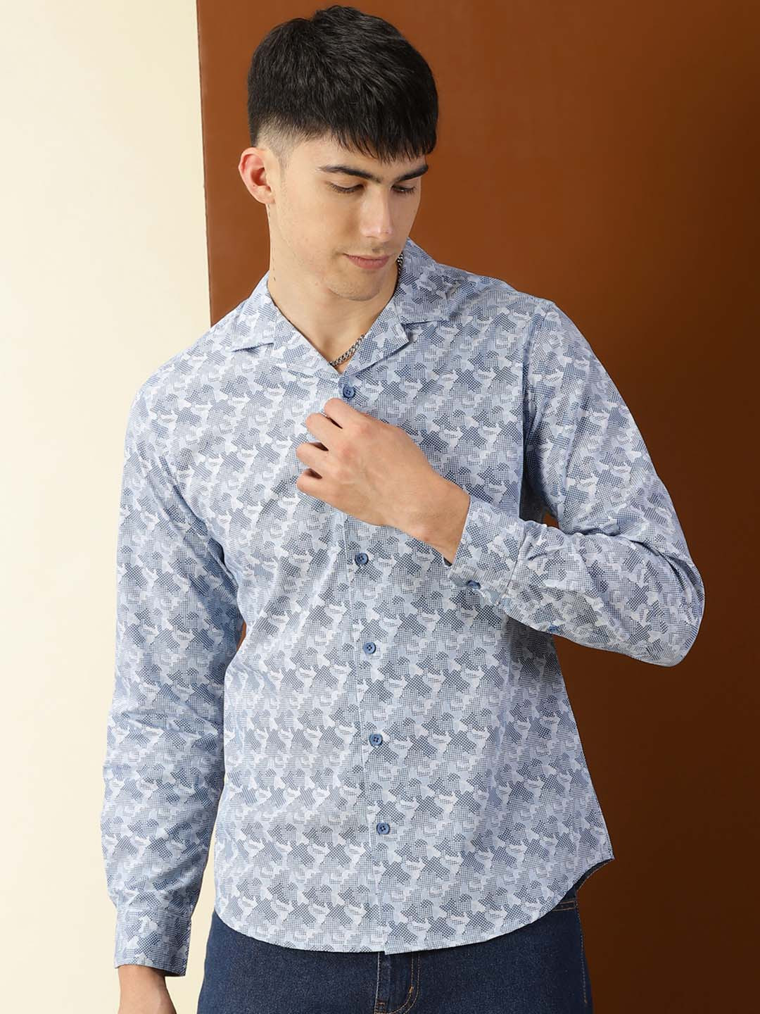 Thomas Scott Classic Regular Fit Geometric Printed Cuban Collar Cotton Casual Shirt