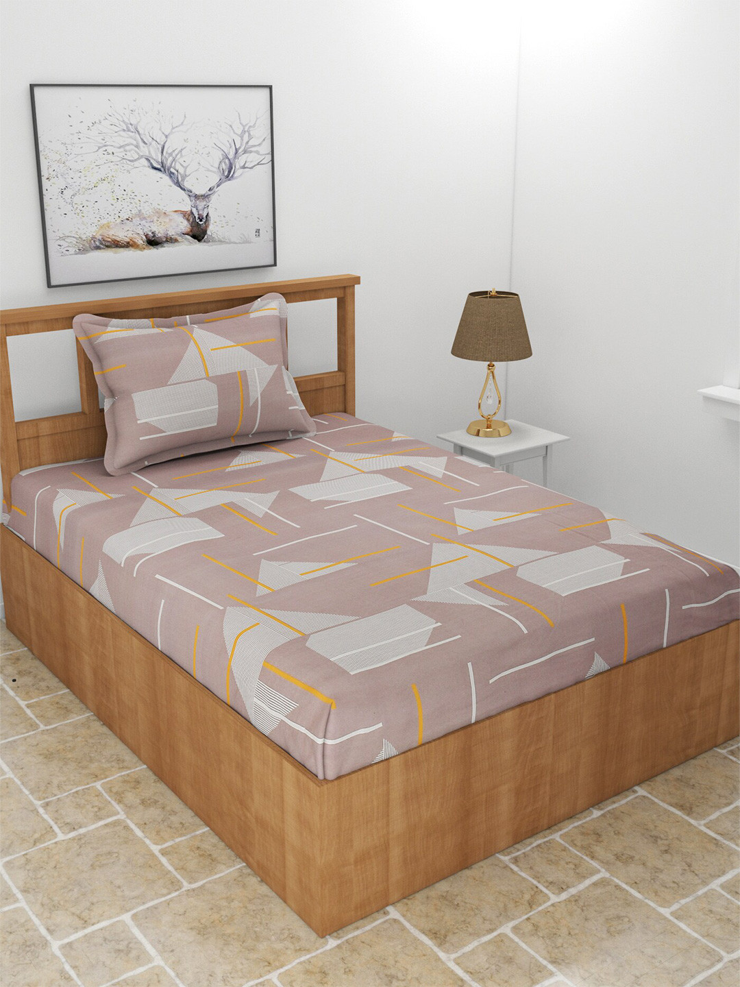 BREVARD Maple Brown Abstract Polycotton 210 TC Single Fine Bedsheet with a Pillow Cover-227 x 152 cm