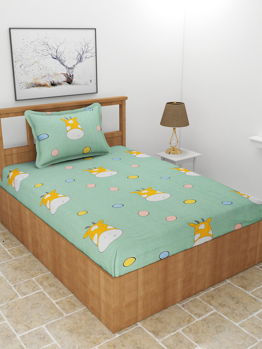 BREVARD Kidzania Green Graphic Polycotton 210 TC Single Fine Bedsheet with a Pillow Cover-90 x 60 inches