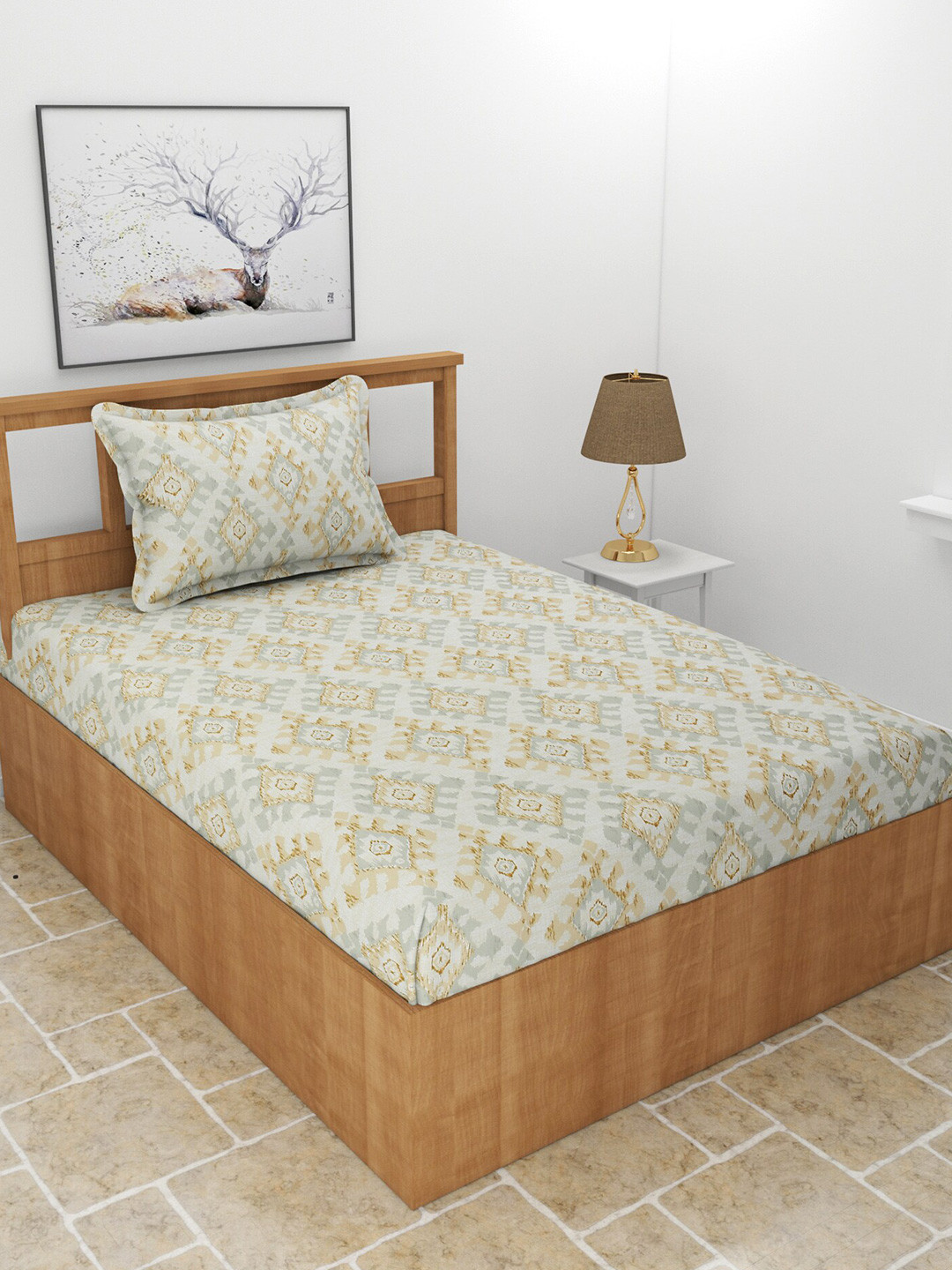BREVARD Maple Off White Geometric Polycotton 210 TC Single Fine Bedsheet with a Pillow Cover-90 x 60 inches