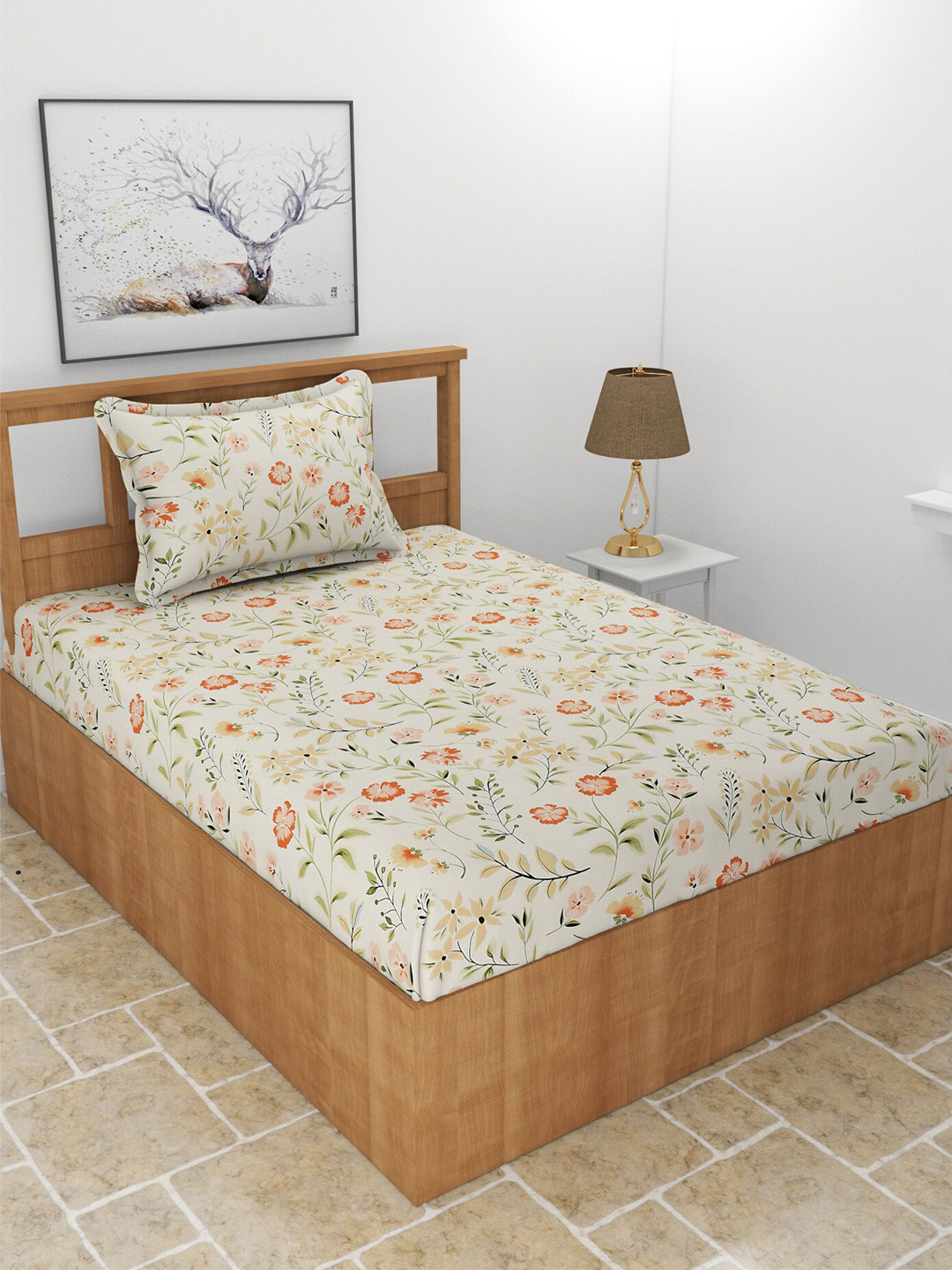 BREVARD Flat_Snowd_Sbs Off White Floral Polycotton 210 TC Single Fine Bedsheet with a Pillow Cover-90 x 60 inches